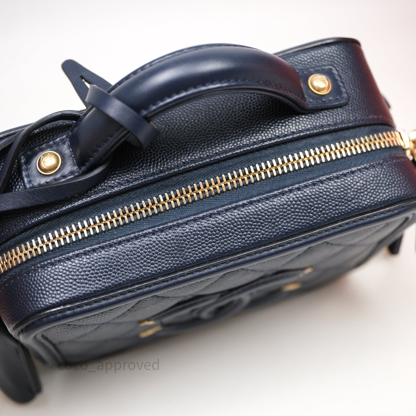 Chanel Quilted Small CC Filigree Vanity Case Navy Caviar Gold Hardware