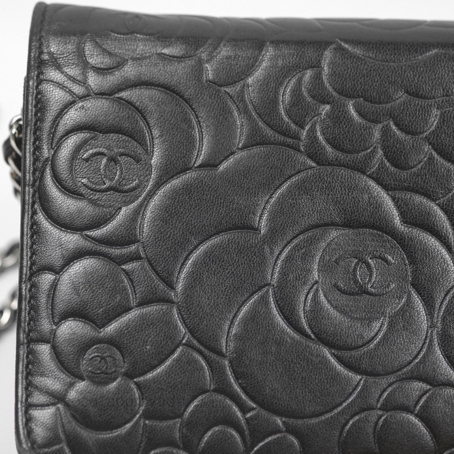 Chanel Camellia Embossed Wallet on Chain WOC Black Lambskin Silver Hardware