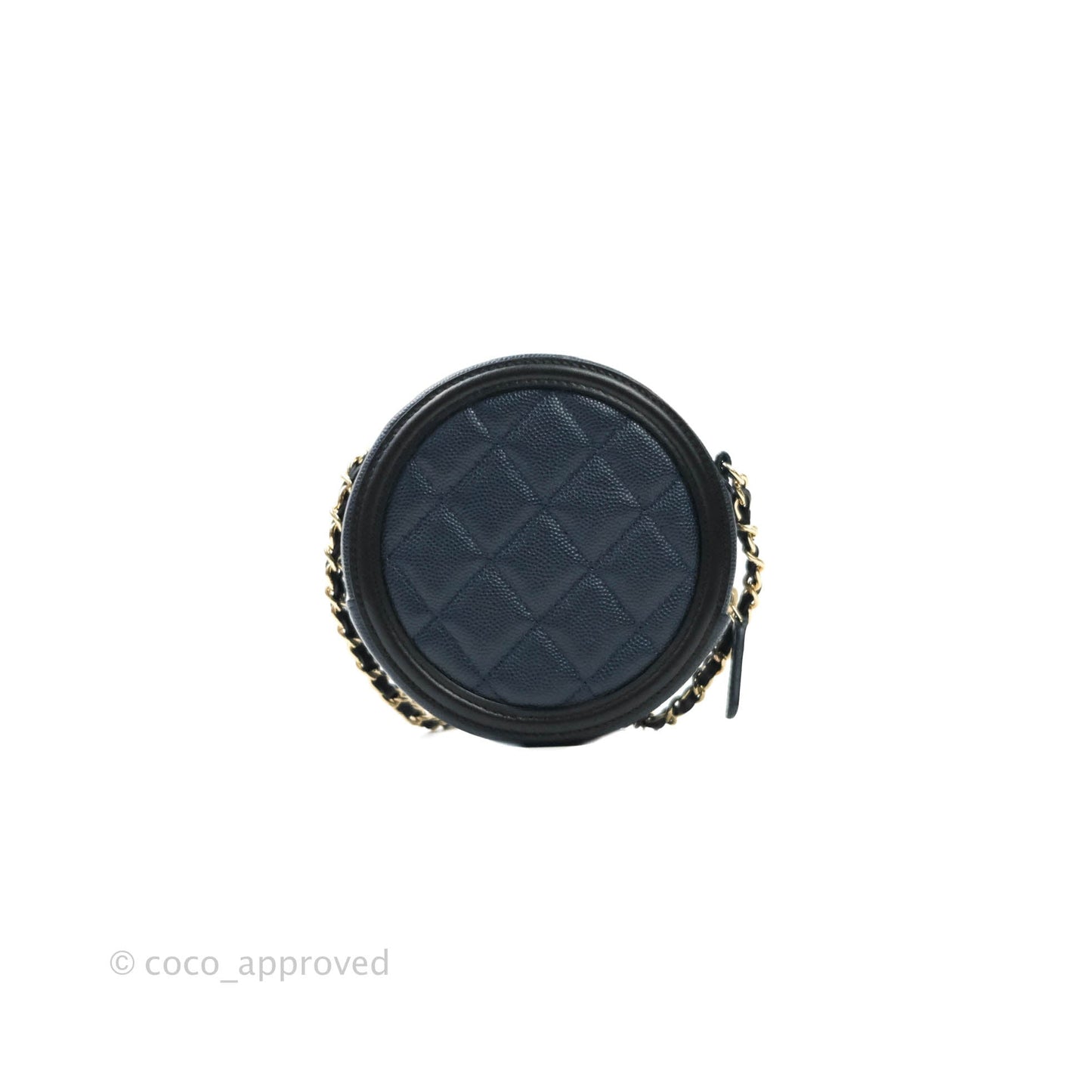 Chanel Quilted Round Filigree Clutch With Chain Navy Black Caviar Gold Hardware