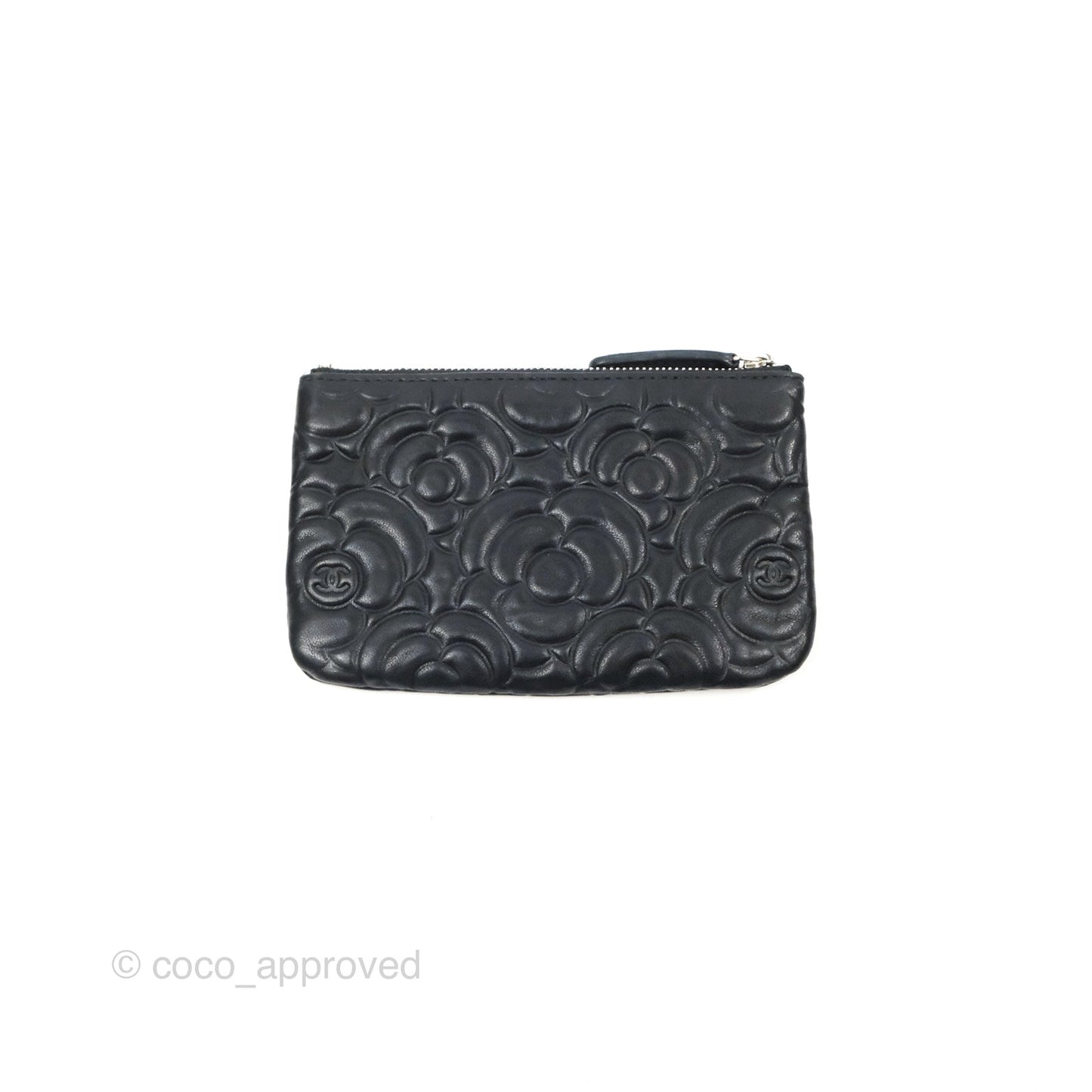 Chanel Quilted Mini O Case Camellia Black Lambskin Silver Hardware