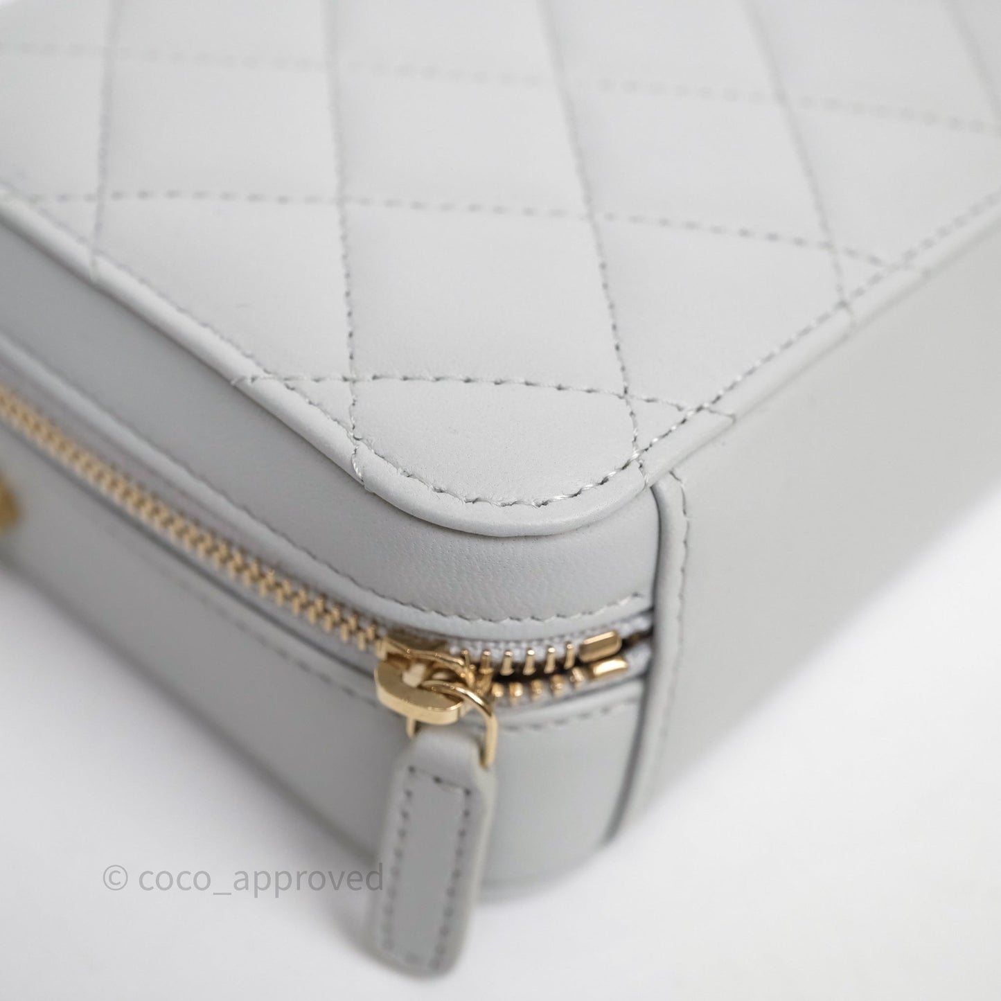 Chanel Quilted CC Pearl Crush Camera Case Light Blue Grey Lambskin Aged Gold Hardware