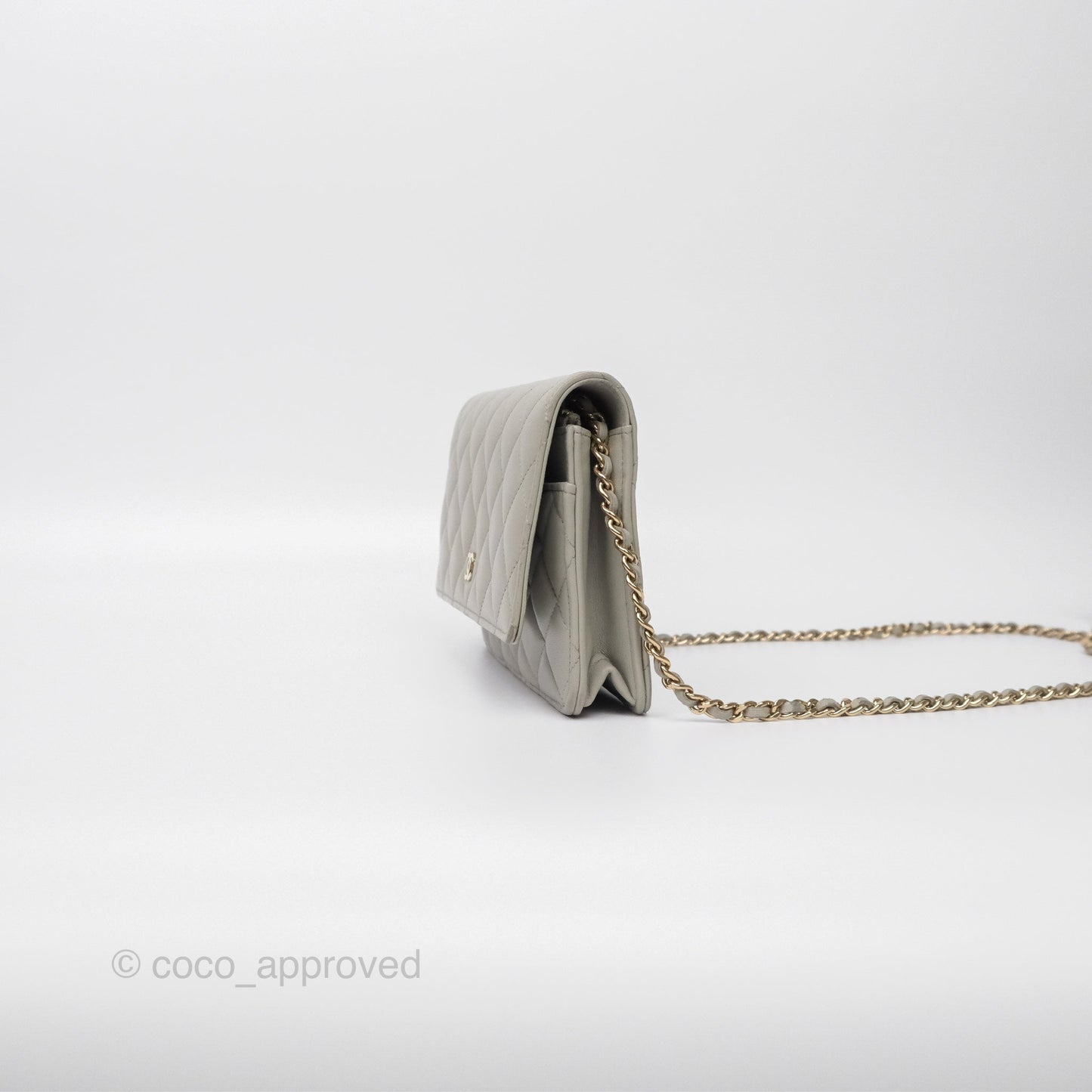 Chanel Classic Quilted Wallet on Chain WOC Light Grey Lambskin Gold Hardware
