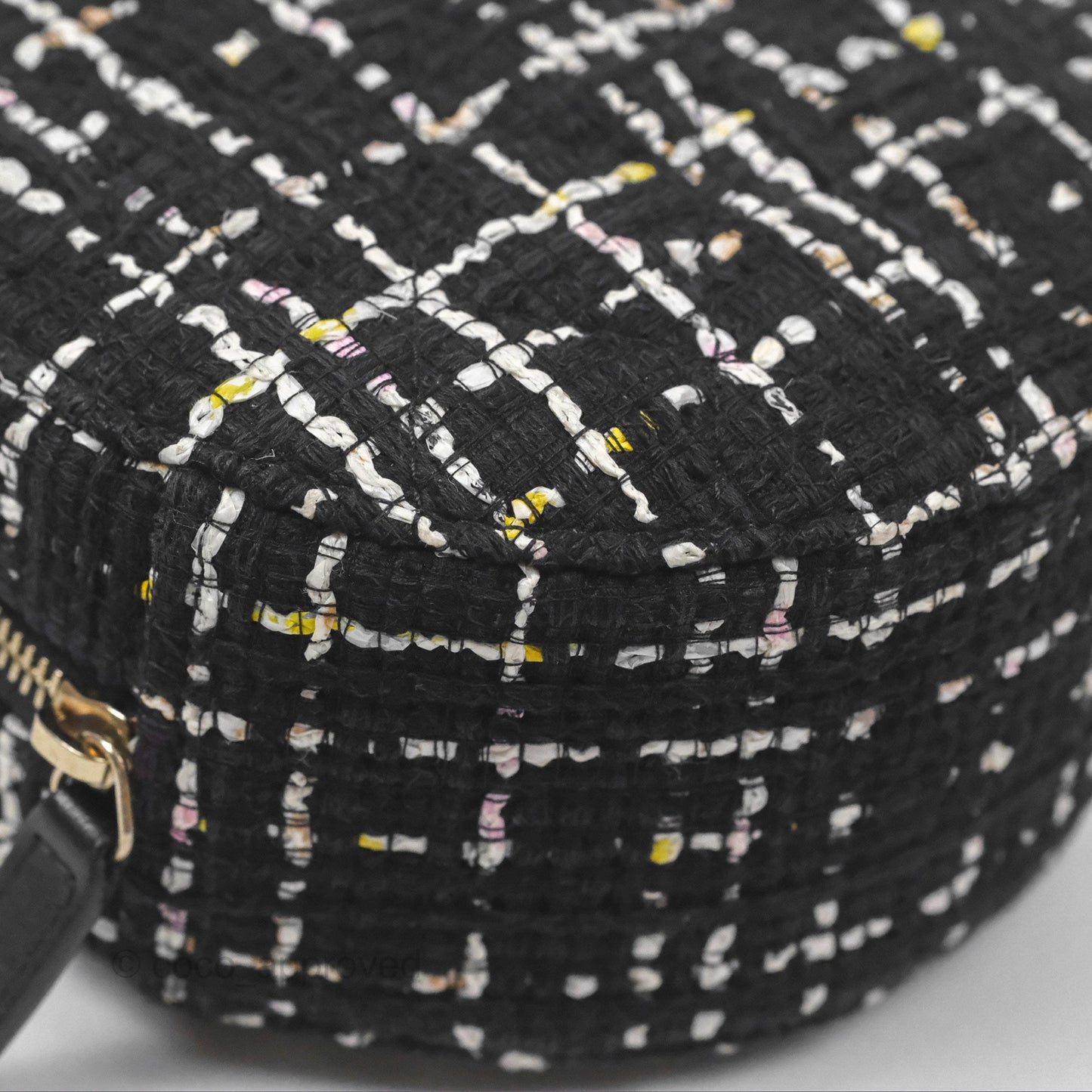 Chanel Classic Quilted Round Clutch With Chain Black Tweed Gold Hardware