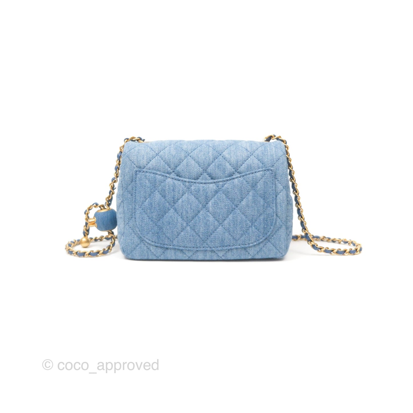 Chanel Mini Square Pearl Crush Quilted Denim Aged Gold Hardware