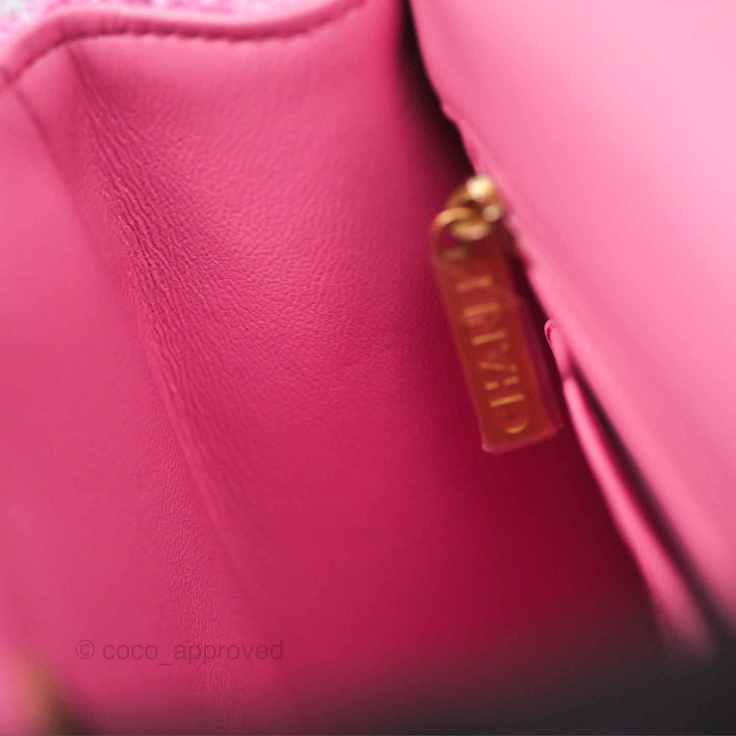 Chanel Mini Flap Bag with Pearl Chain Pink Tweed Aged Gold Hardware