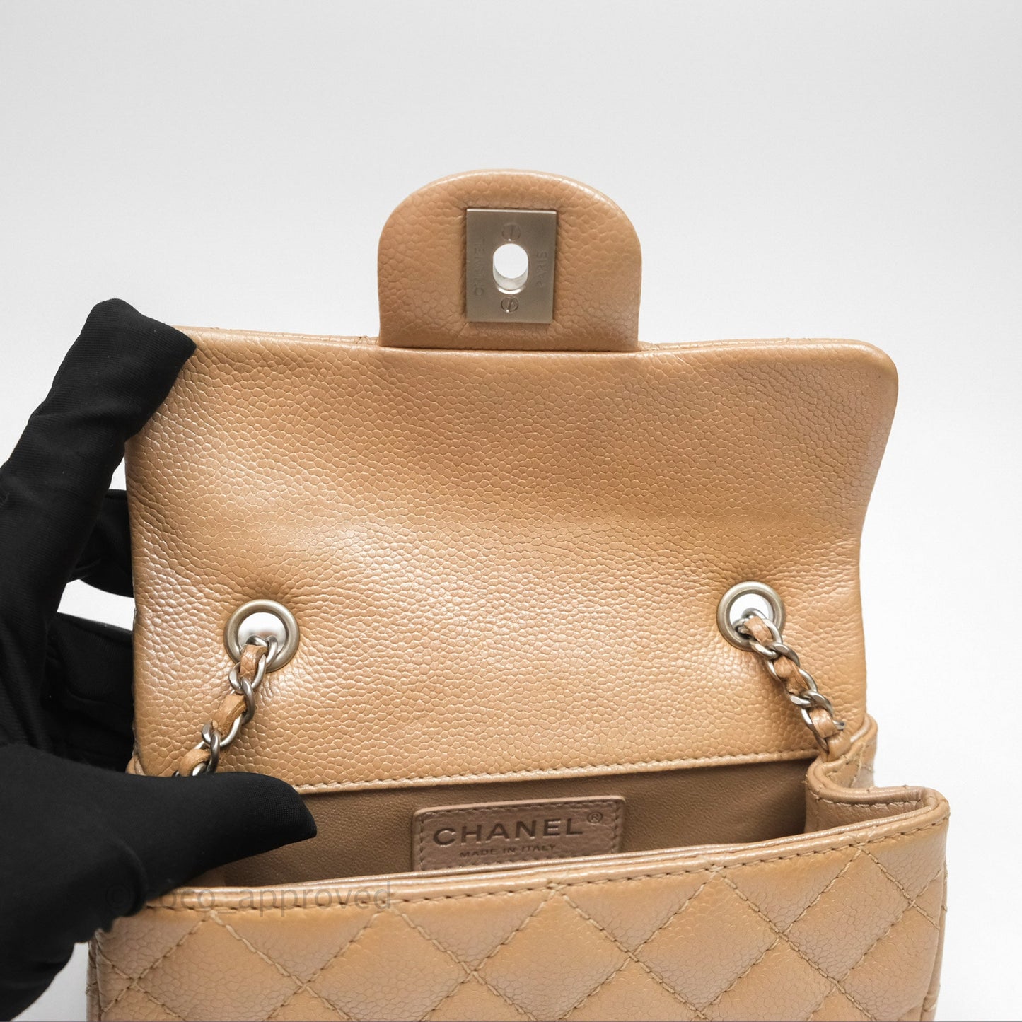 Chanel Quilted Extra Mini Rectangular Flap Beige Caviar Matt Silver Hardware