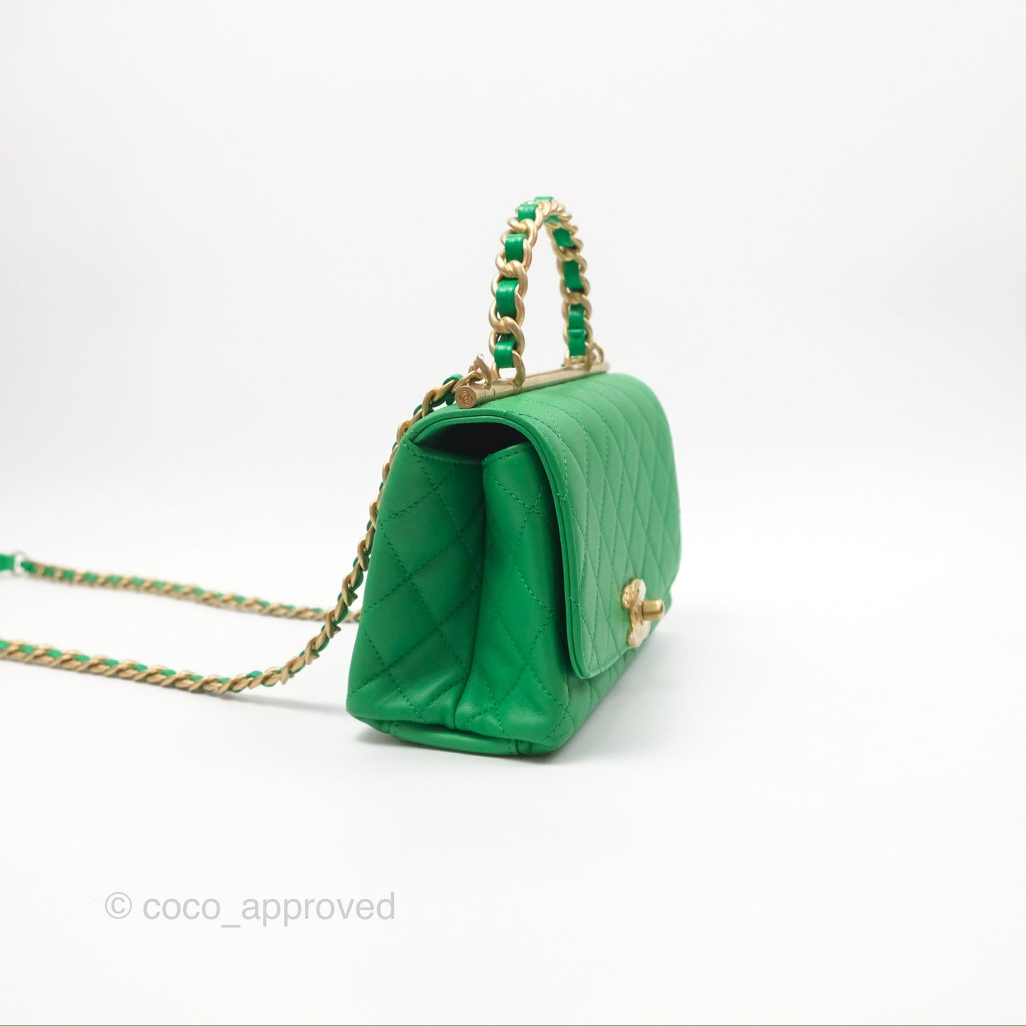 Chanel CC Quilted Flap Bag With Top Handle Green Calfskin Gold Hardware