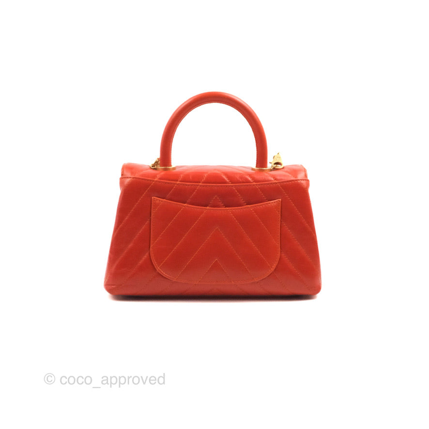 Chanel Chevron Small Coco Handle Dark Orange Shiny Aged Calfskin Aged Gold Hardware