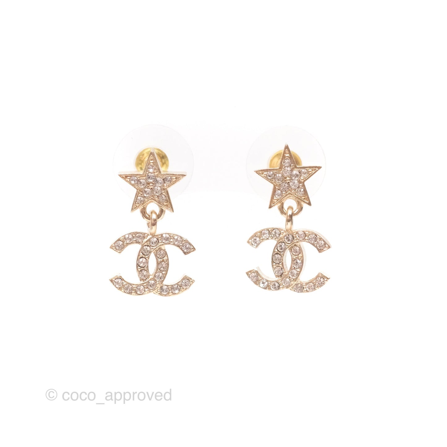 Chanel Crystal CC Star Earrings Gold Tone 23A