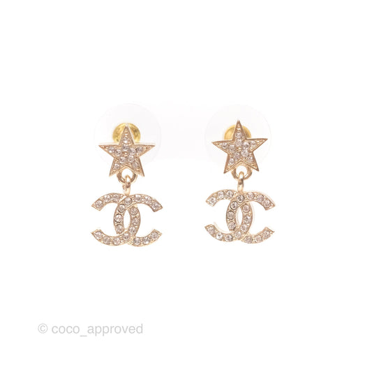 Chanel Crystal CC Star Earrings Gold Tone 23A