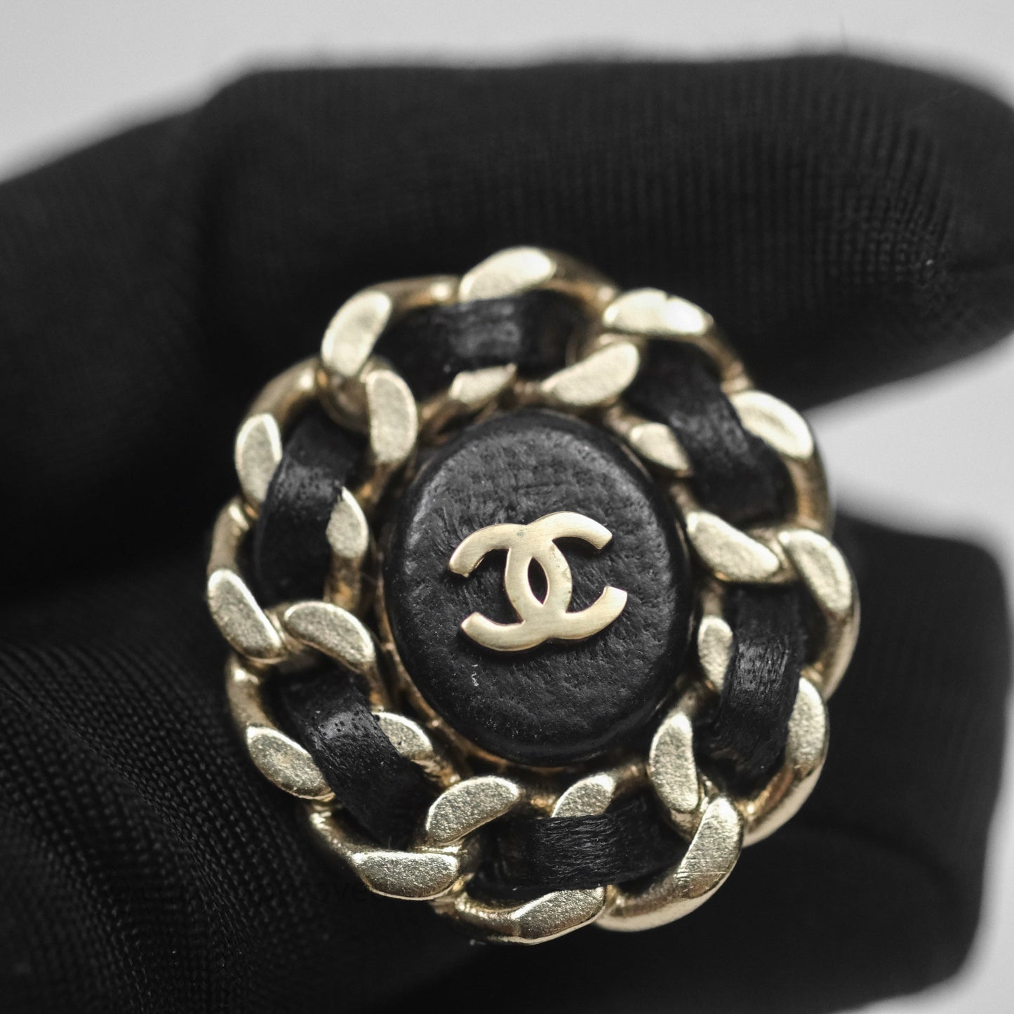 Chanel CC Black Leather Chain Round Earrings Aged Gold Tone 16B