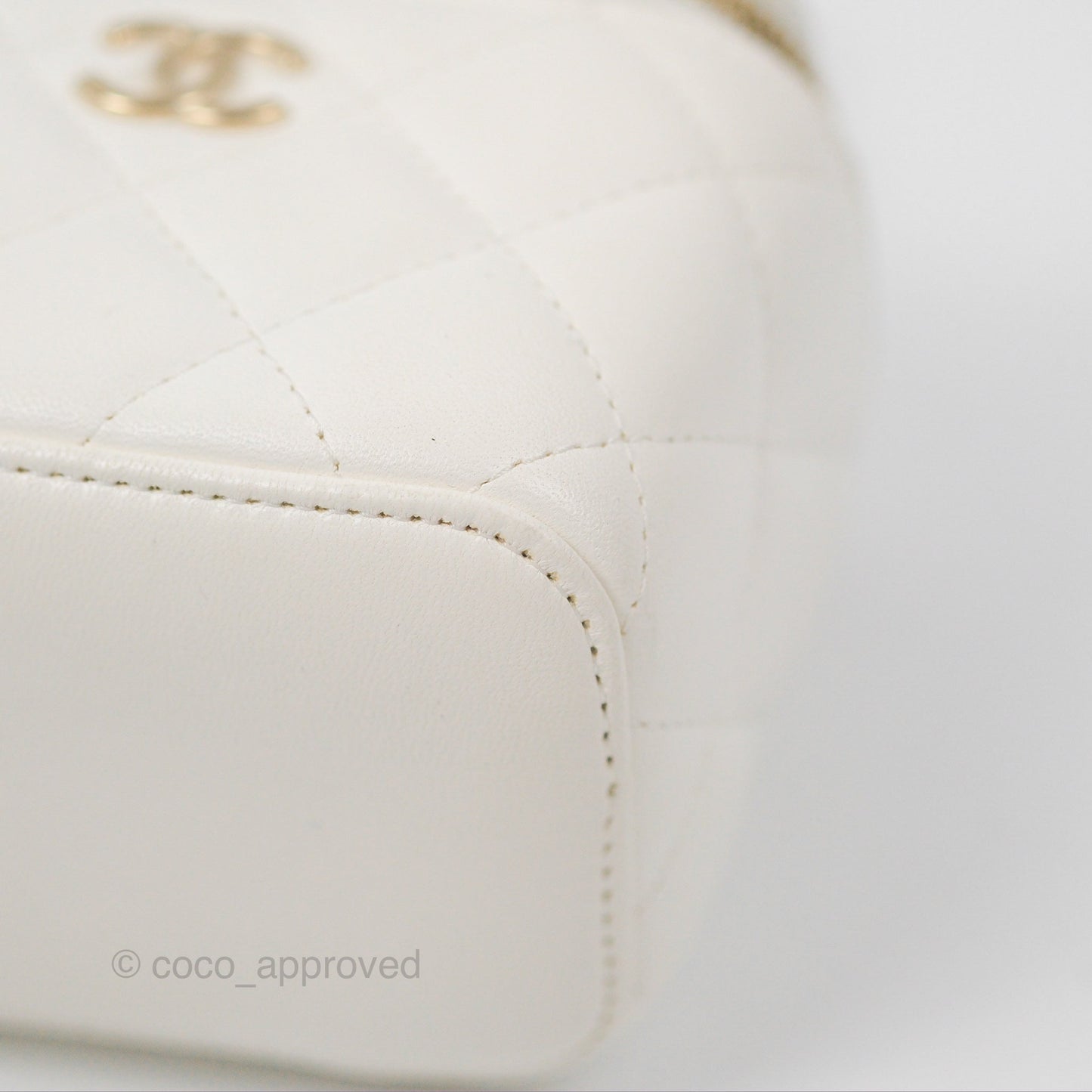 Chanel Camellia White Quilted Lambskin Mini Vanity with Chain Gold Hardware