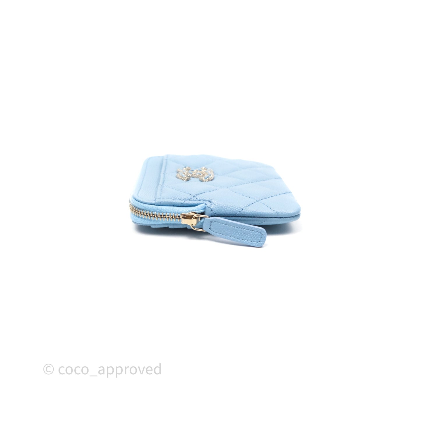 Chanel Quilted Crystal CC Zip Card Holder Wallet Light Blue Caviar Gold Hardware