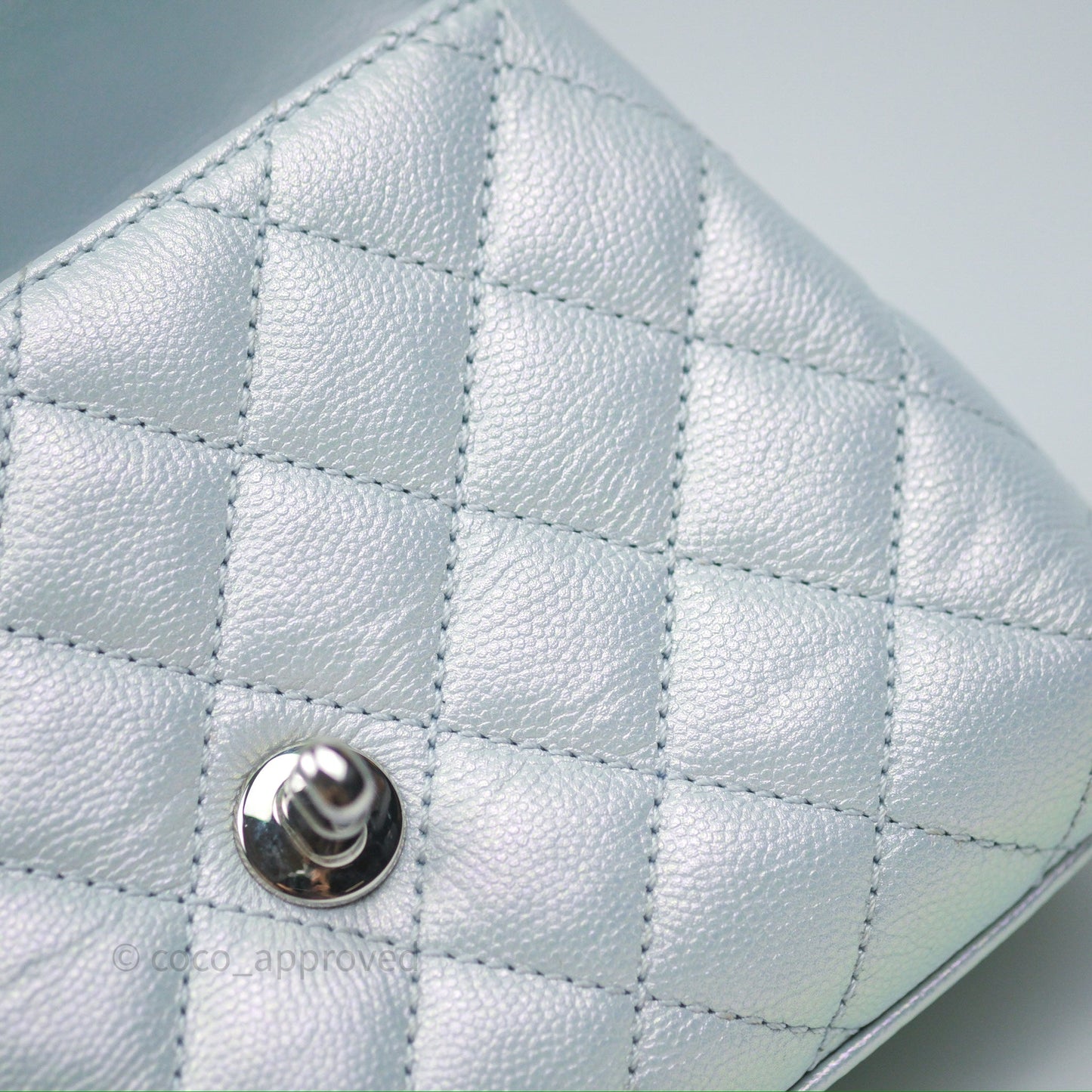 Chanel Mini Coco Handle Quilted Iridescent Light Blue Caviar Rainbow Hardware