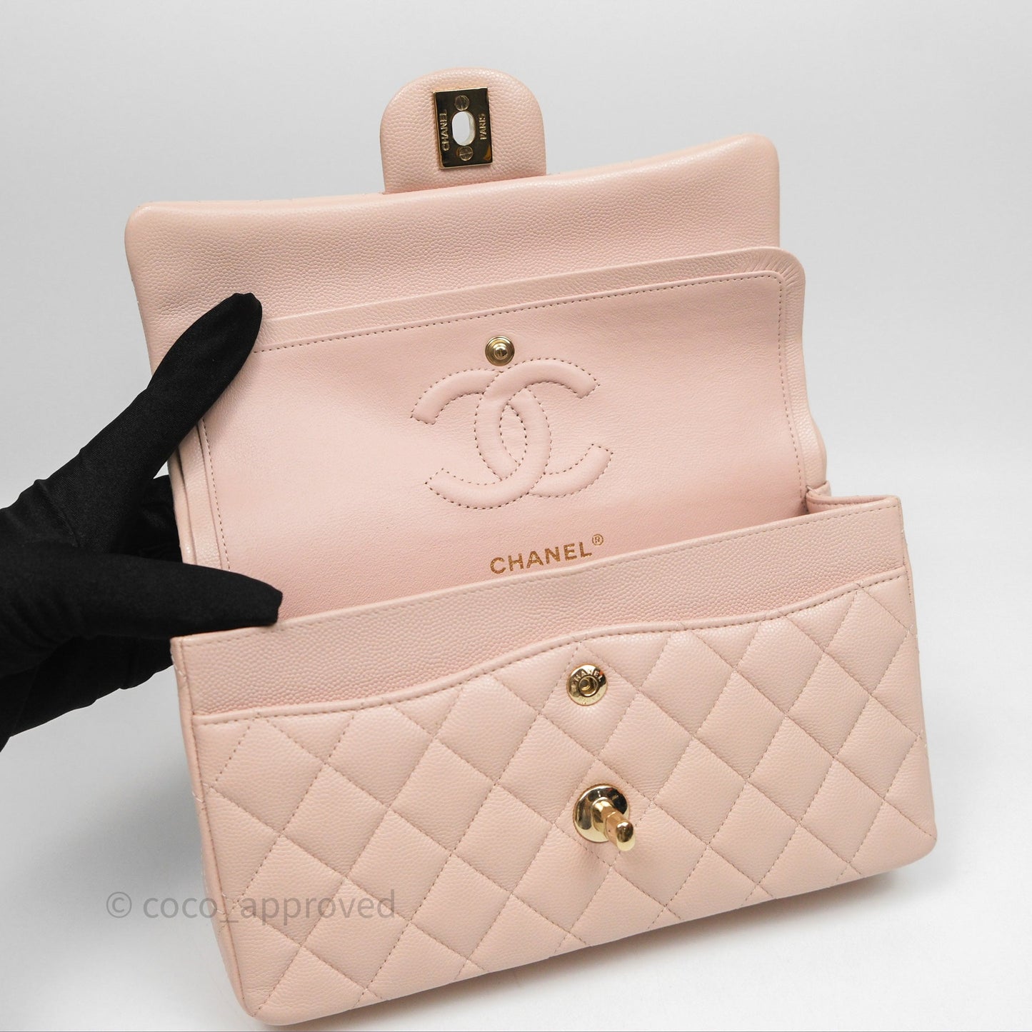 Chanel Small Classic Flap Quilted Rose Clair Caviar Gold Hardware