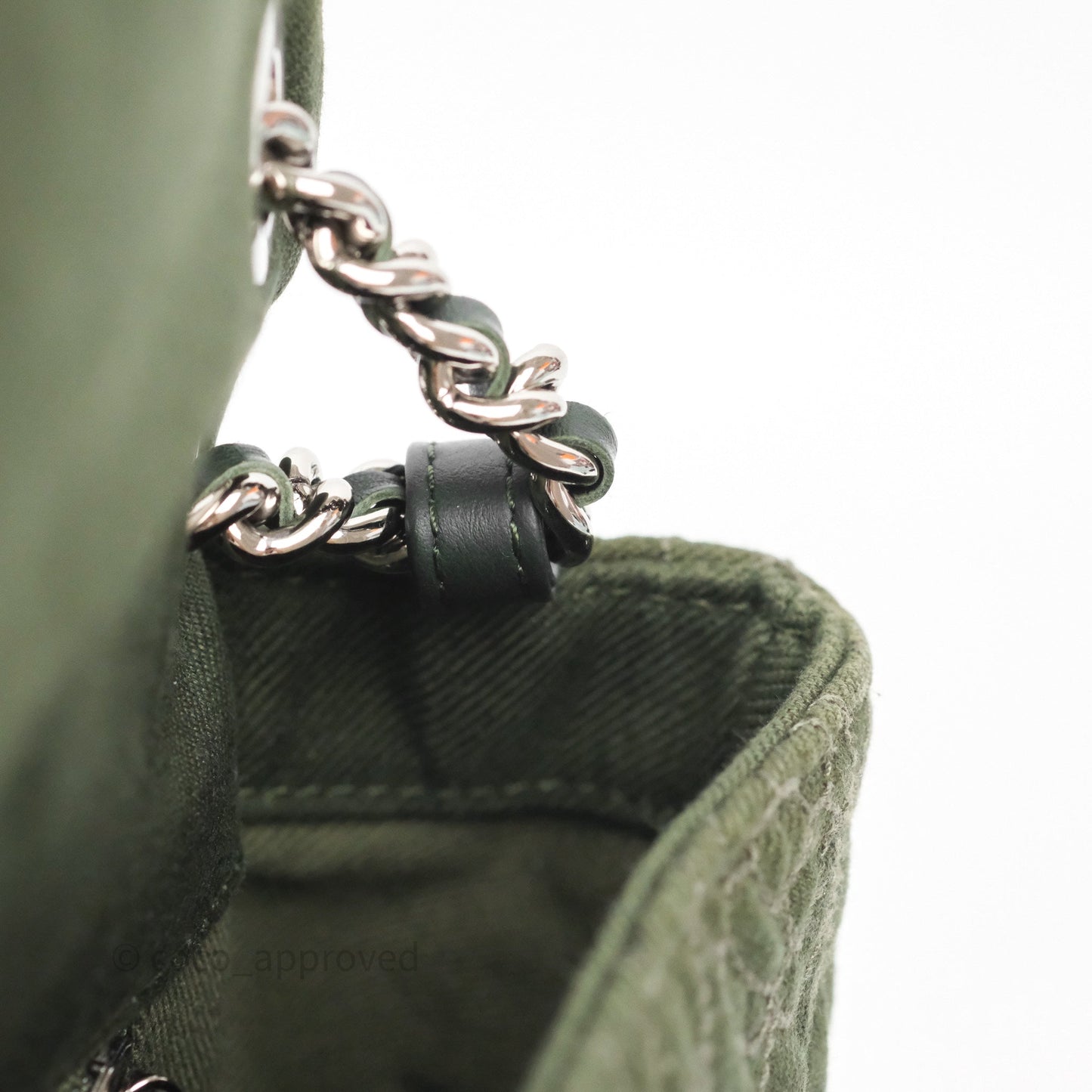 Chanel Camellia Flap Bag Army Green Denim Silver Hardware