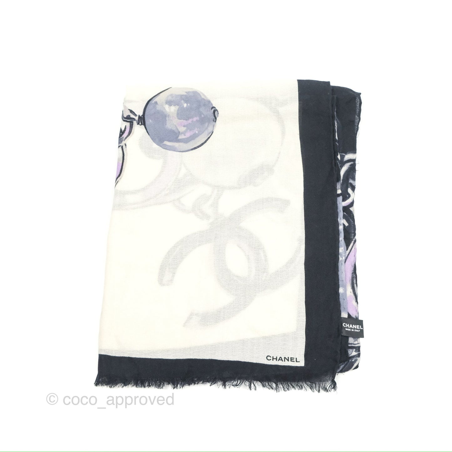 Chanel Pearl Chain CC Print Scarf Wool/Cashmere/Silk Ivory Black