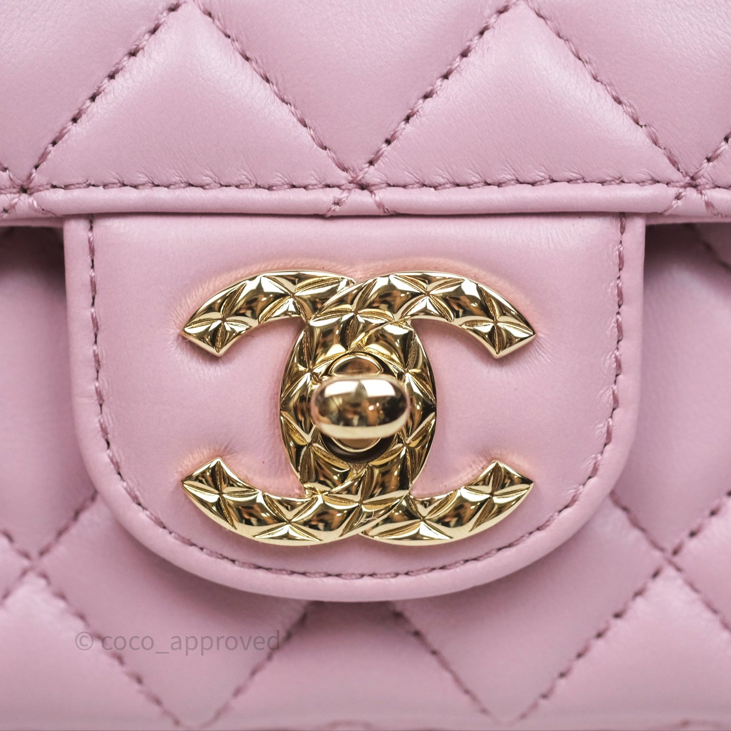 Chanel Logo Top Handle Mini Rectangular Flap Bag Pink Lambskin Gold Hardware