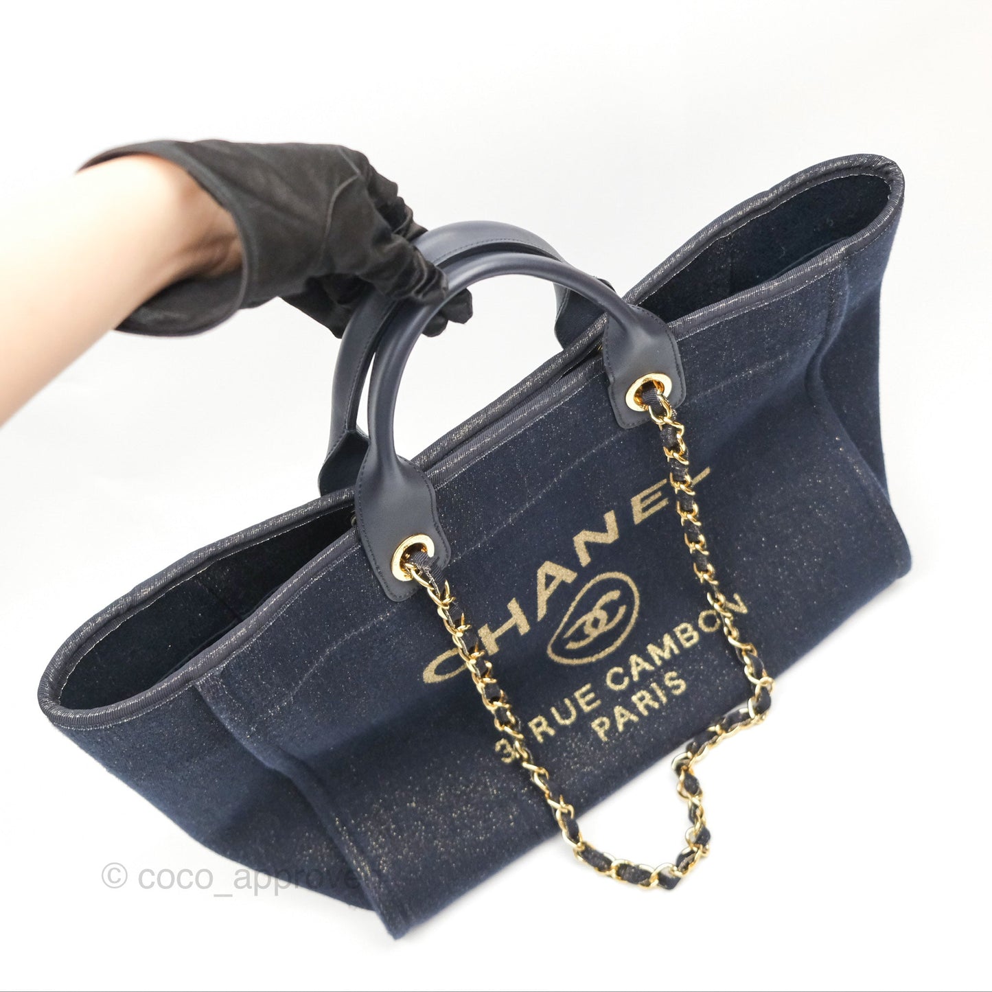 Chanel Large Deauville Navy Glitter Canvas Gold Hardware
