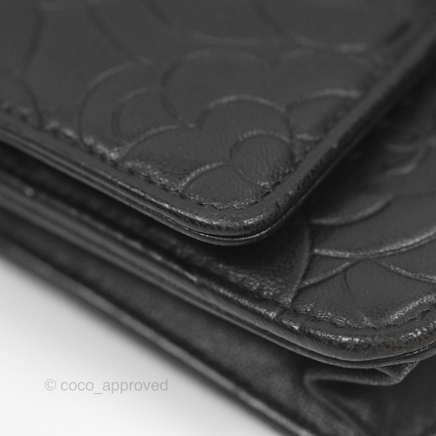 Chanel Camellia Embossed Wallet on Chain WOC Black Lambskin Silver Hardware