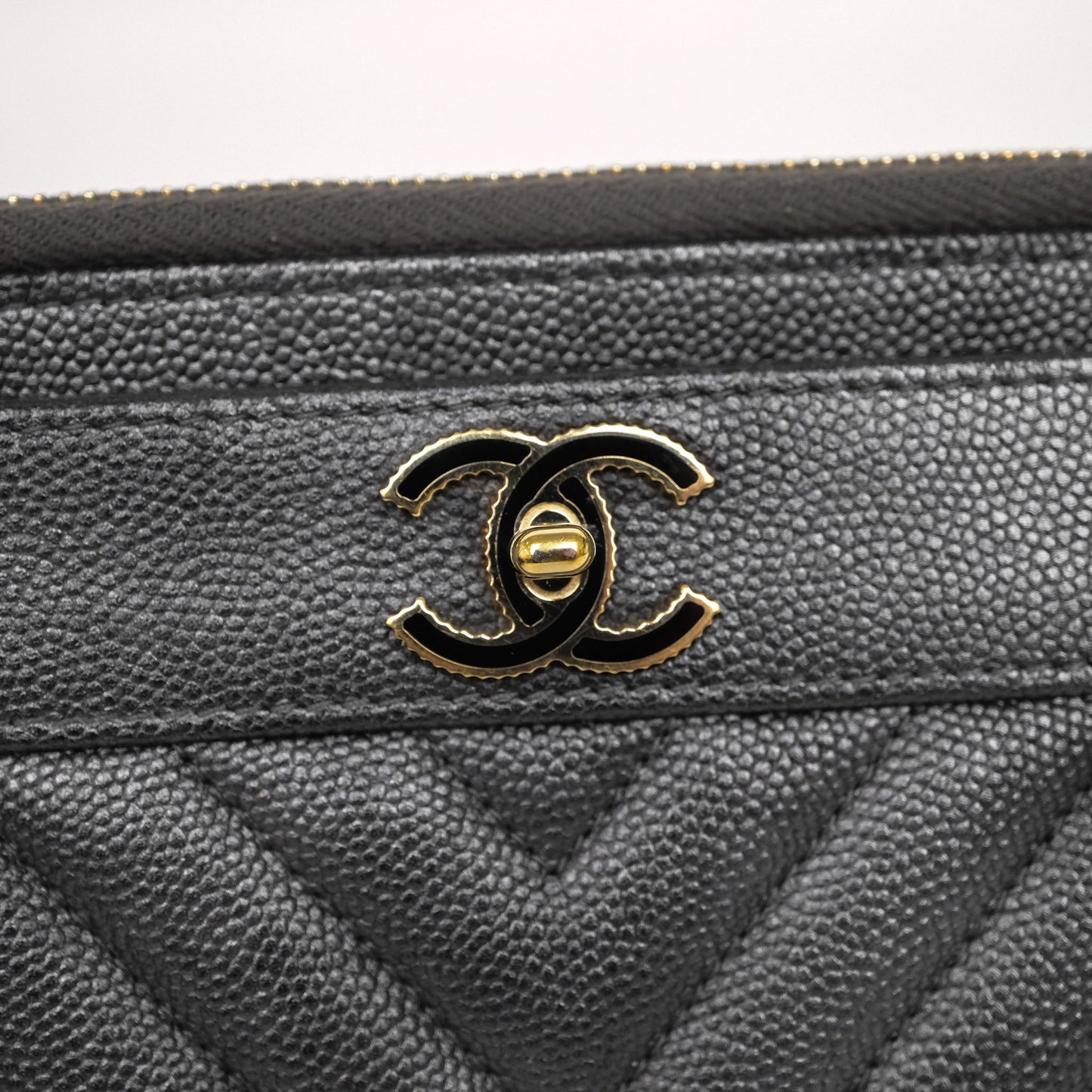 Chanel Chevron Zip Long Wallet Grey Caviar Gold Hardware