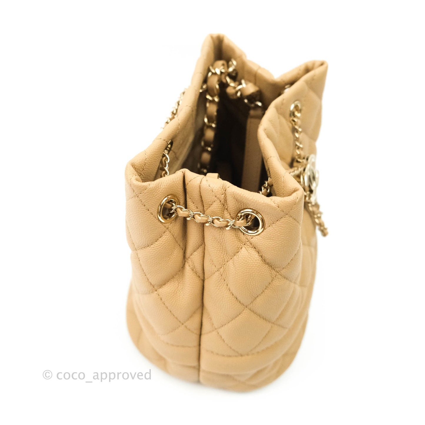 Chanel Caviar Quilted Rolled Up Bucket Drawstring Bag Beige Gold Hardware 19B