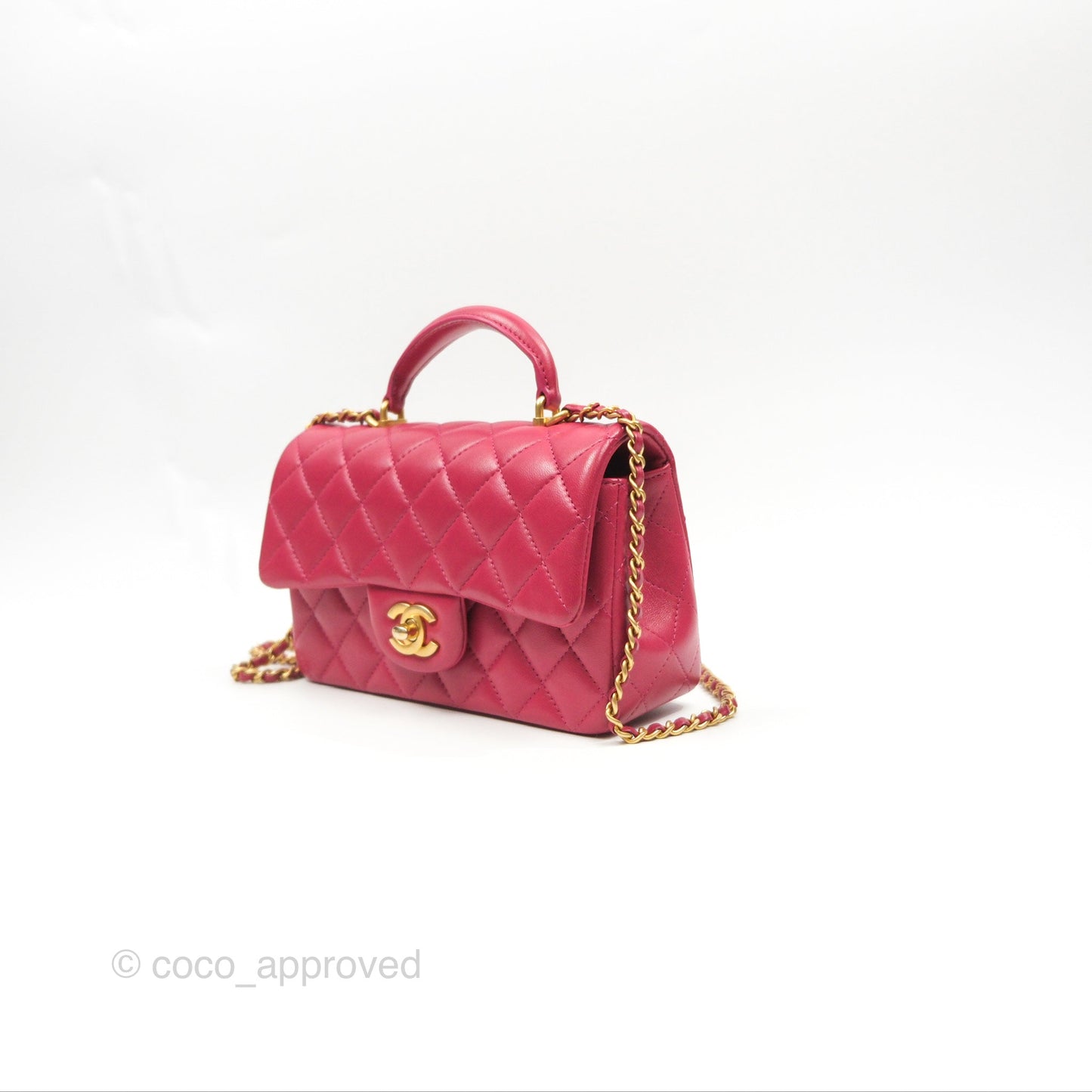 Chanel Top Handle Mini Rectangular Flap Bag Berry Red Lambskin Aged Gold Hardware