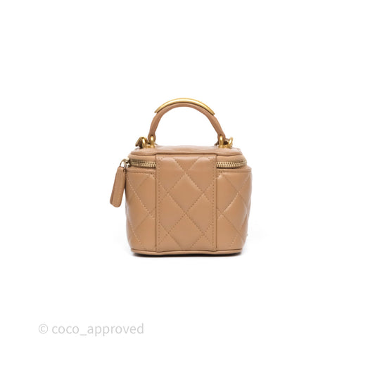 Chanel Mini Metal Top Handle Vanity With Chain Dark Beige Lambskin Aged Gold Hardware