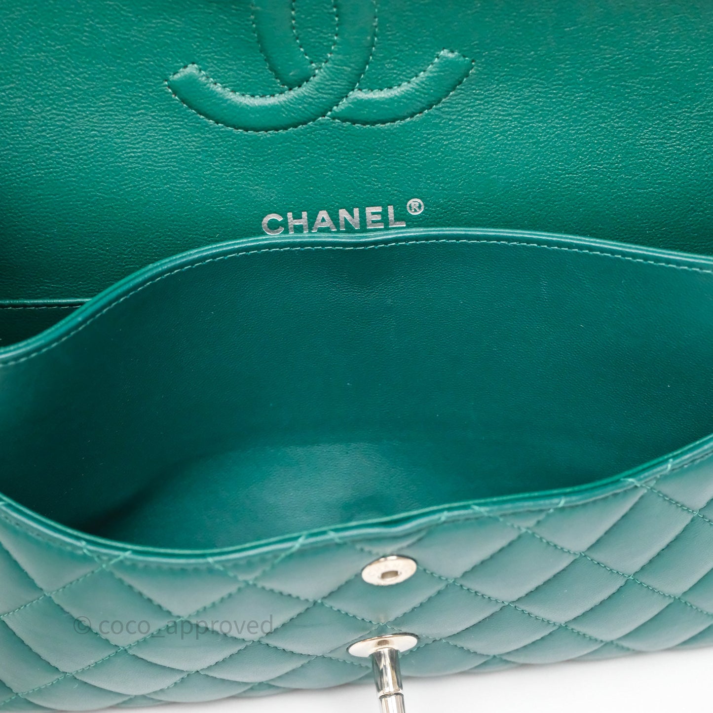 Chanel Medium Classic Flap Quilted Dark Green Lambskin Silver Hardware