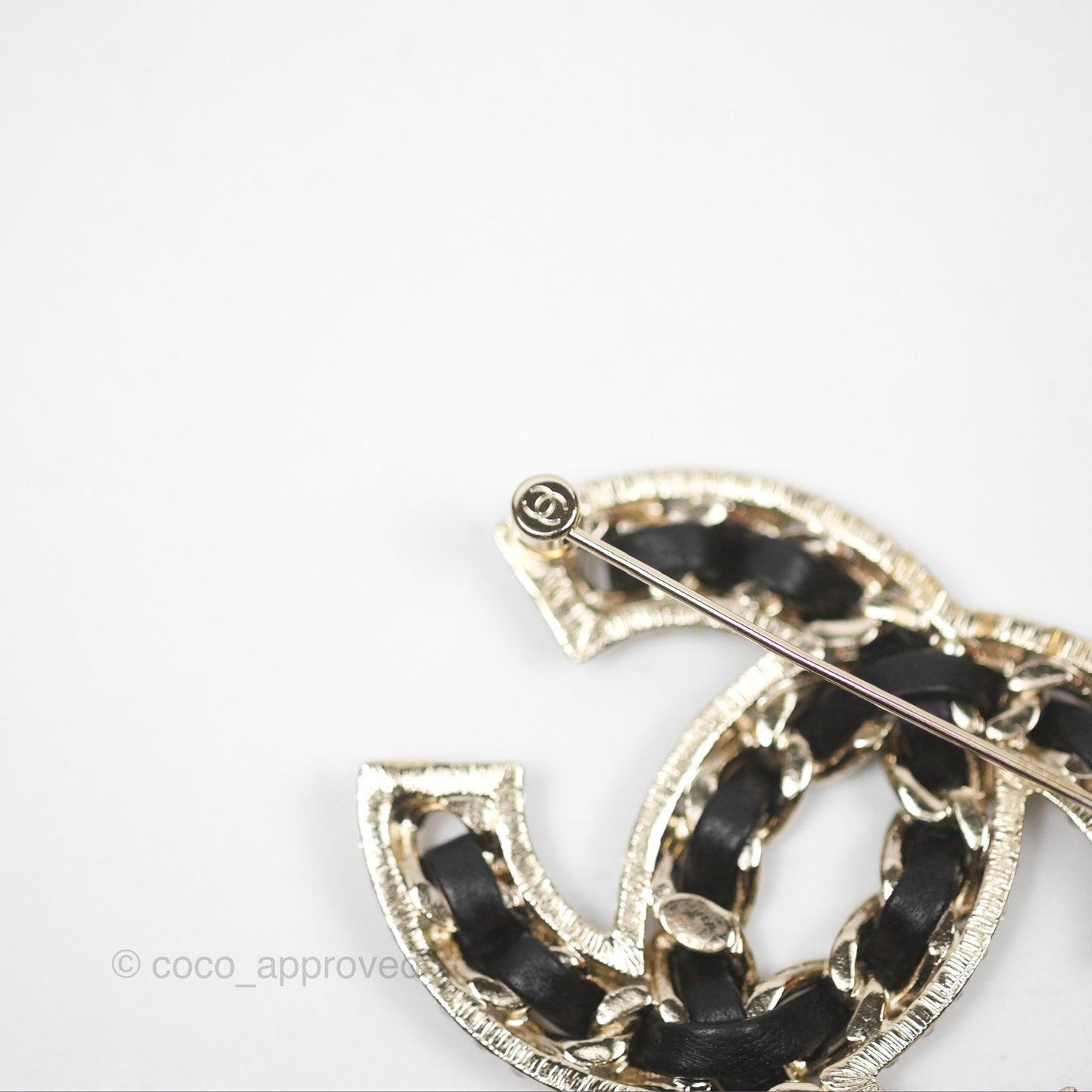 Chanel CC Crystal Braided Leather Black Brooch Gold Tone 24V