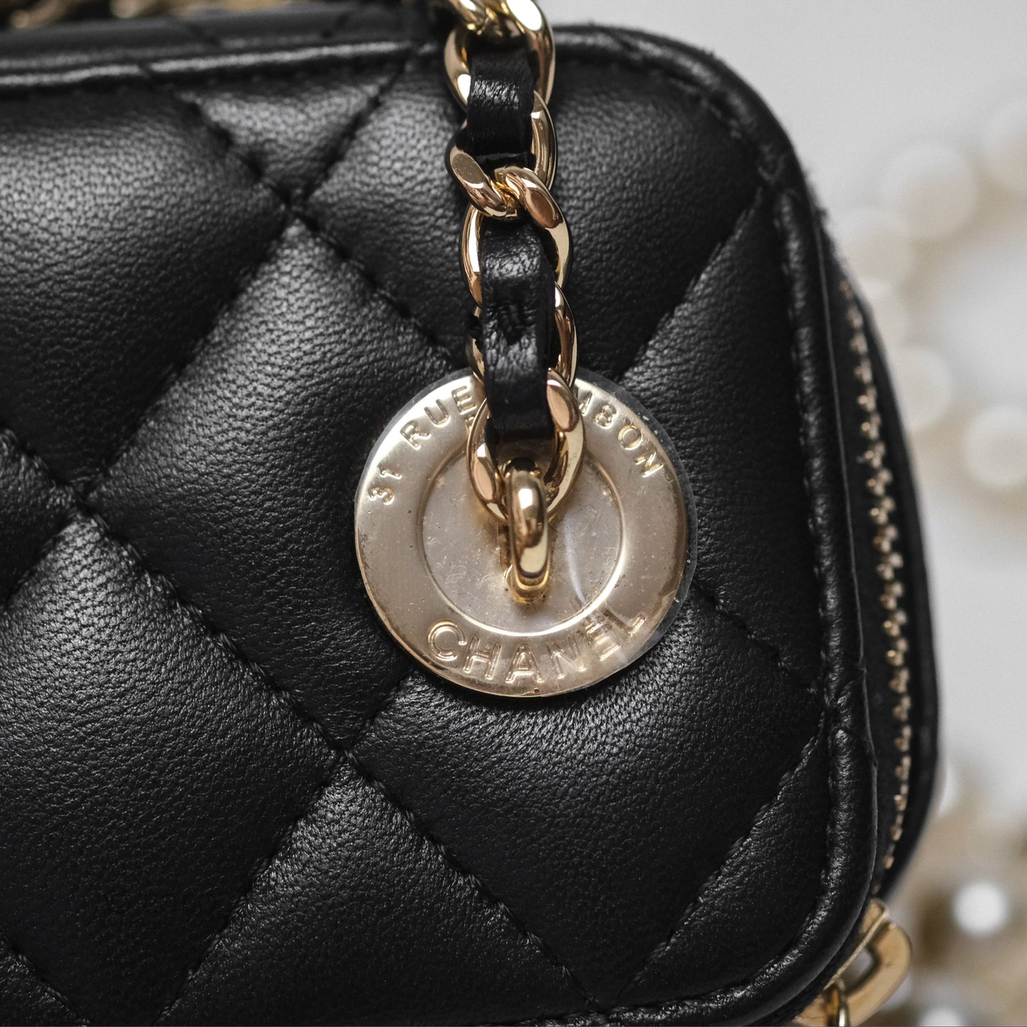 Chanel Mini Vanity With Pearl Chain Black Lambskin Gold Hardware