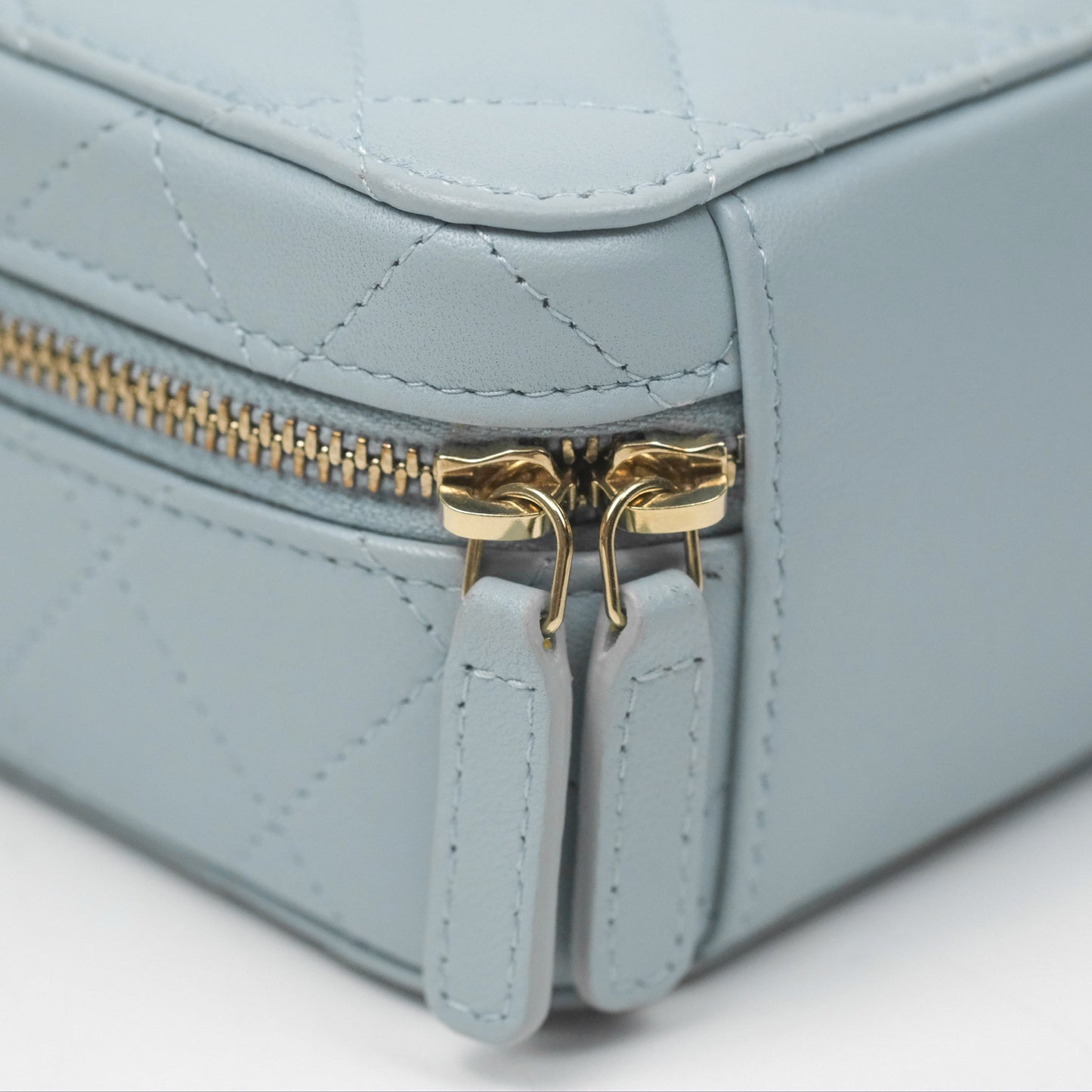 Chanel Mini Quilted Vanity Camera Case Light Blue Lambskin Gold Hardware