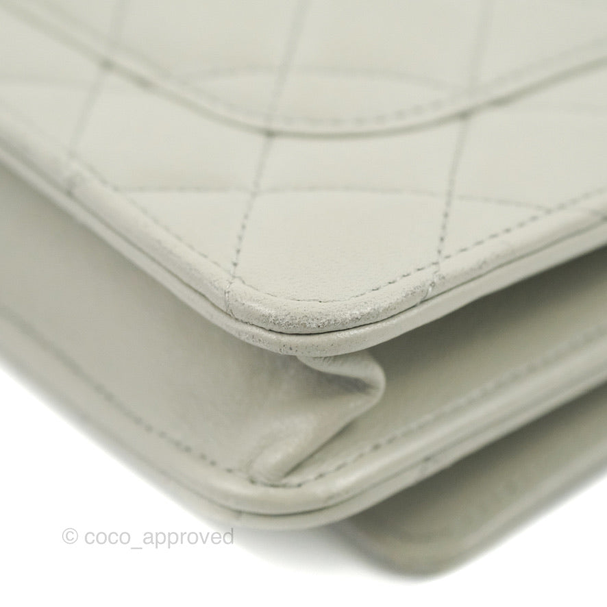 Chanel Quilted Classic Wallet on Chain WOC Light Grey Lambskin Gold Hardware