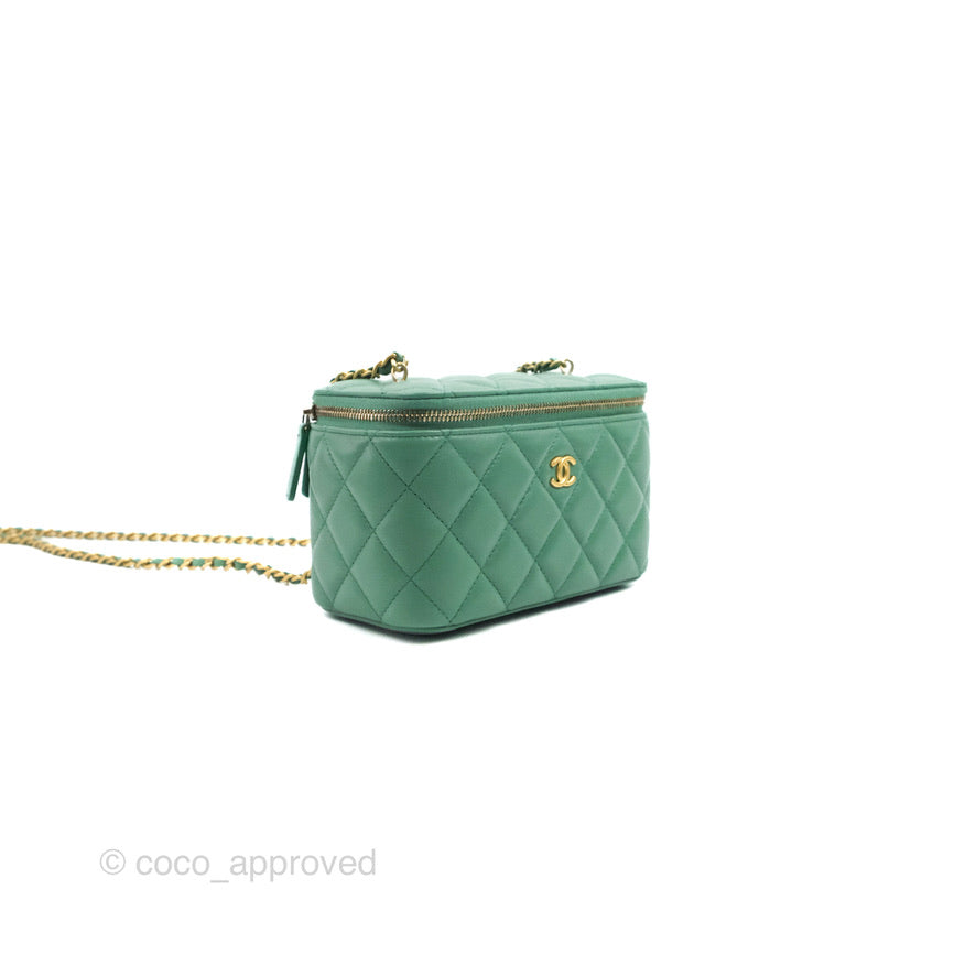 Chanel Vanity with Pearl Crush Chain Green Lambskin Aged Gold Hardware