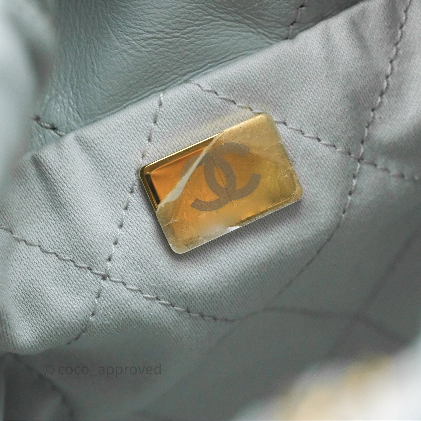 Chanel 22 Mini Bag Blue Grey Shiny Crumpled Calfskin Aged Gold Hardware