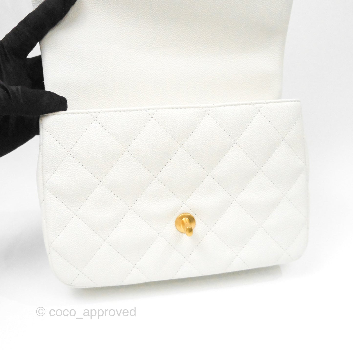 Chanel Large Flap Bag Heart Adjustable Chain White Caviar Aged Gold Hardware
