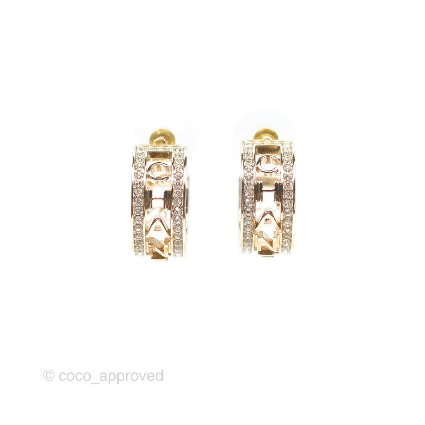 Chanel Logo Crystal Hoop Earrings Gold Hardware 21V