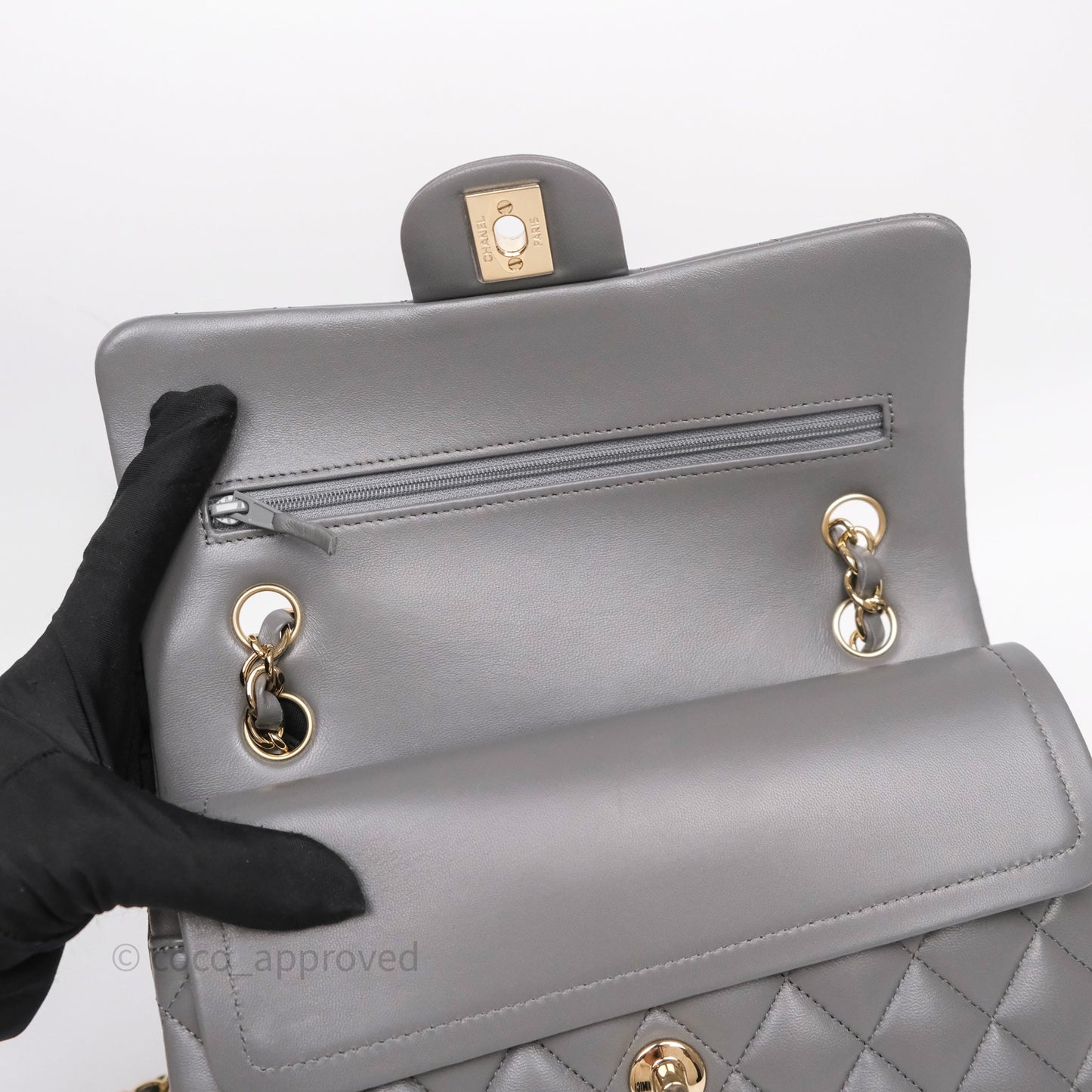 Chanel Small Quilted Classic Flap Grey Lambskin Light Gold Hardware