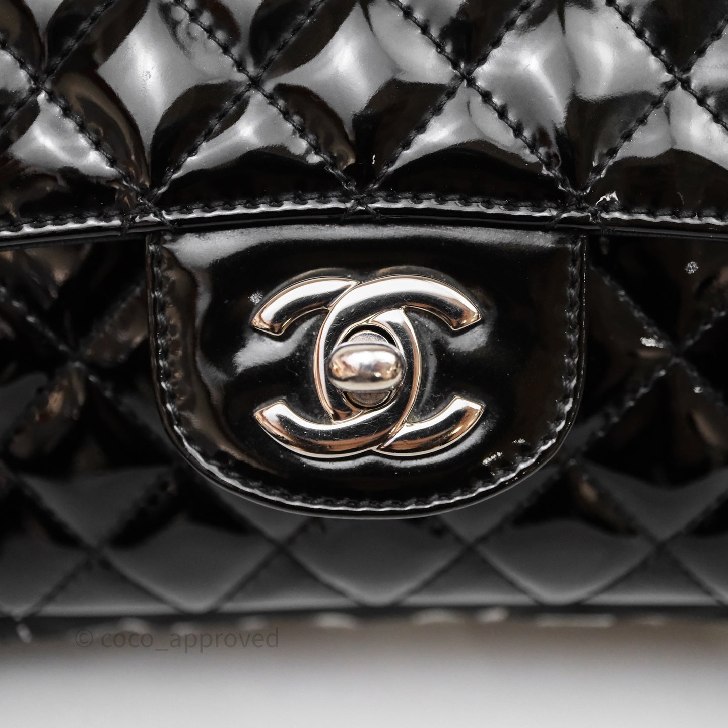 Chanel Quilted Medium Flap Black Patent Silver Hardware
