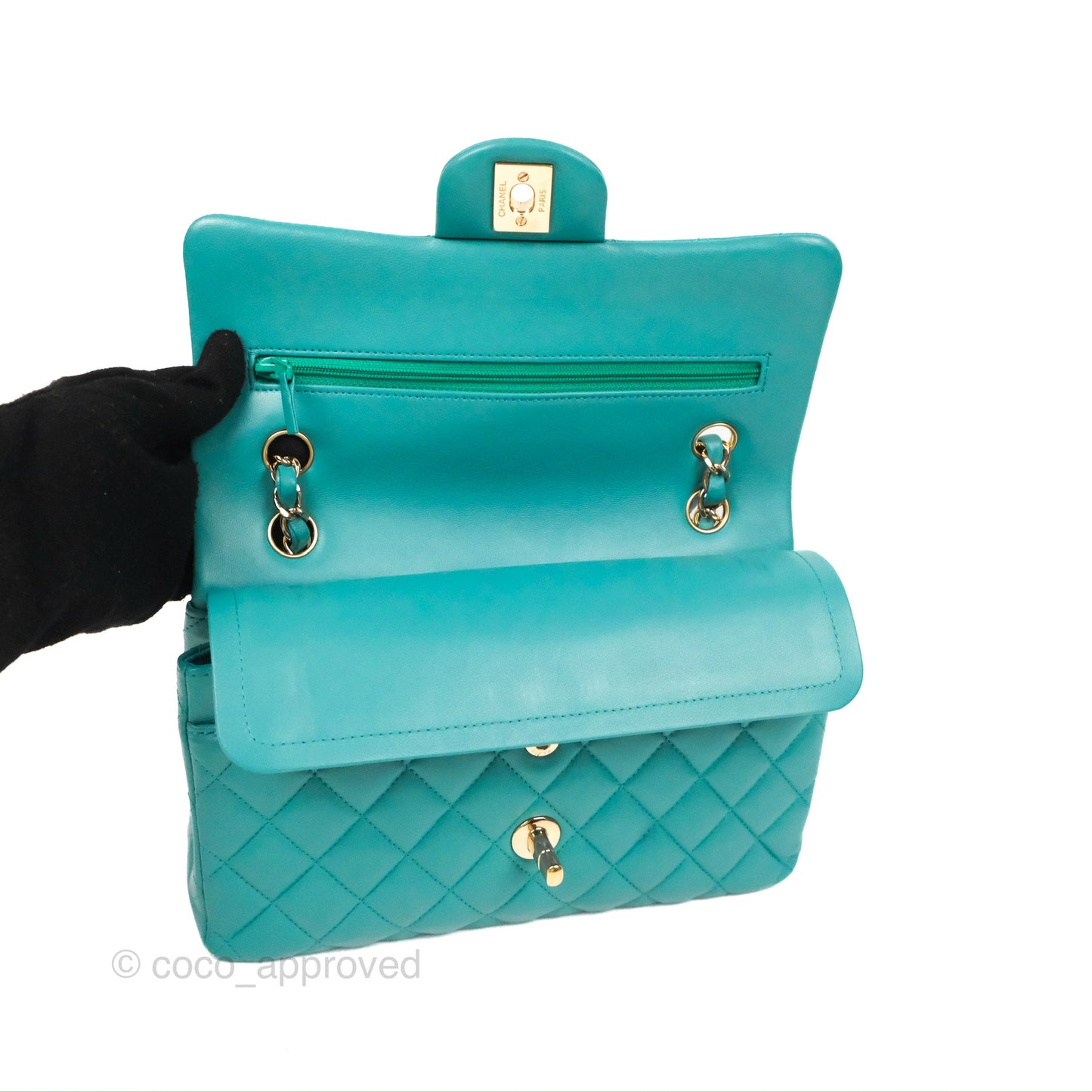 Chanel Small Classic Quilted Flap Turquoise Lambskin Gold Hardware