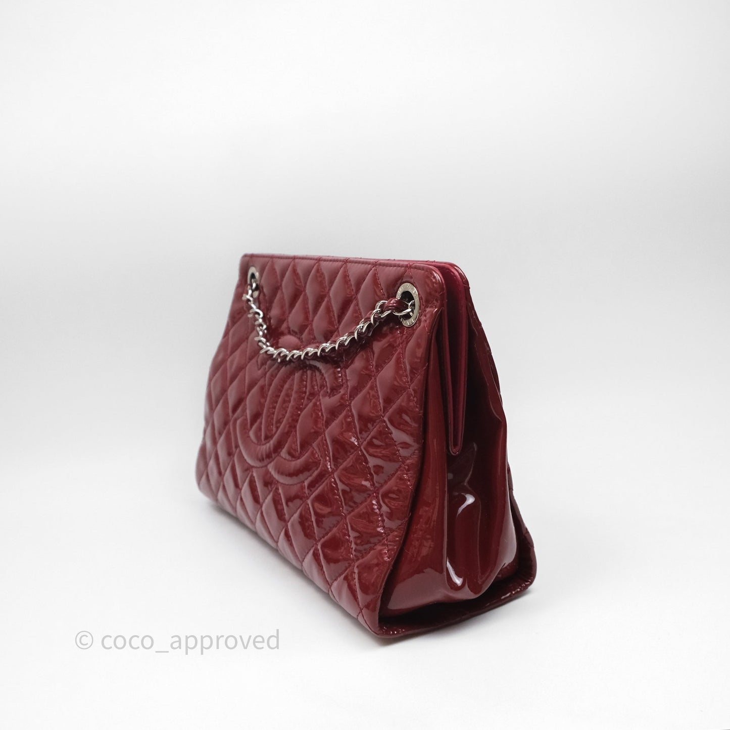 Chanel CC Shopping Tote Bag Red Patent Silver Hardware