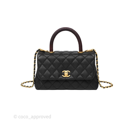 Chanel Small Coco Handle Black Caviar Gold Hardware Lizard Embossed Handle