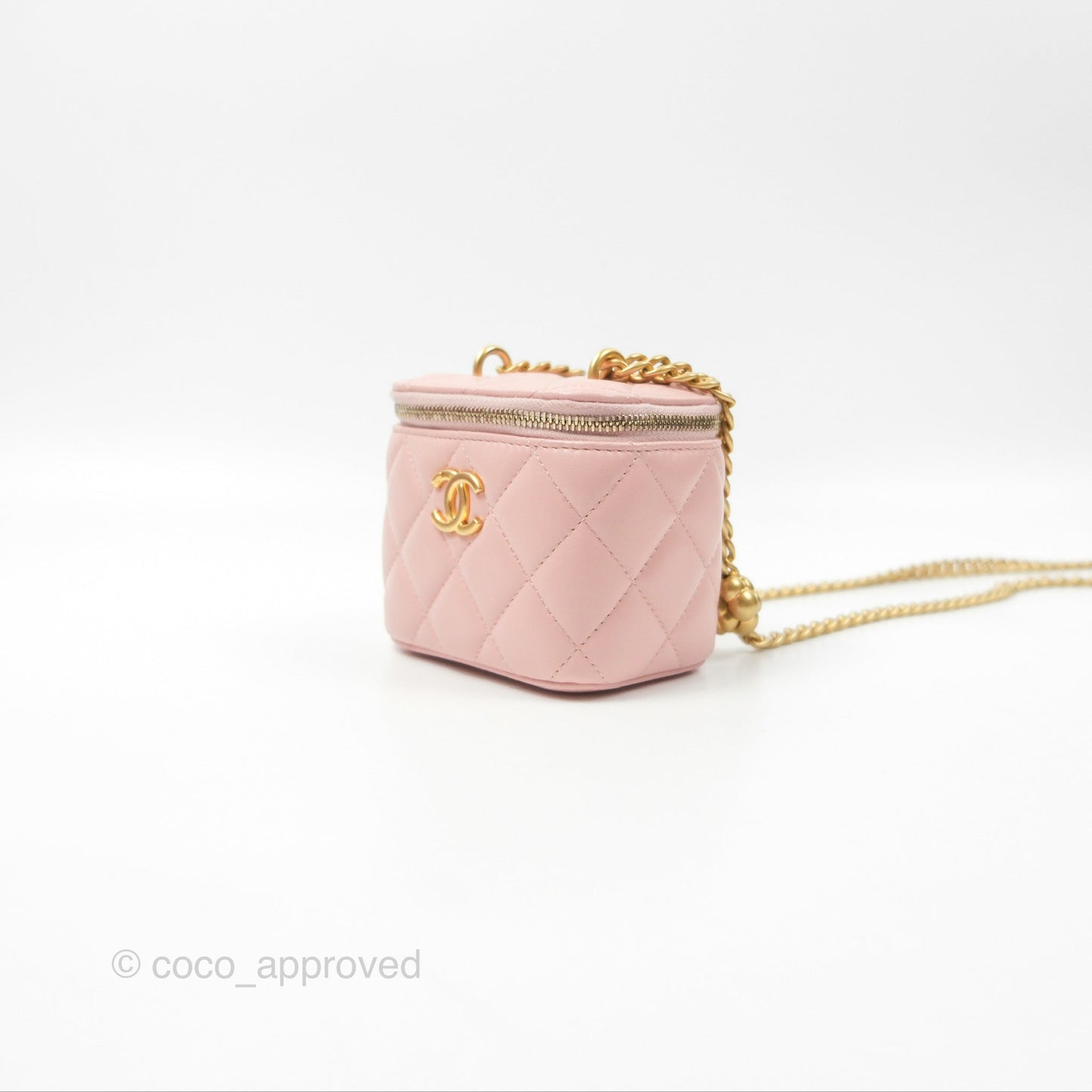 Chanel Mini Vanity With Chain Adjustable Camellia Light Pink Lambskin Aged Gold Hardware