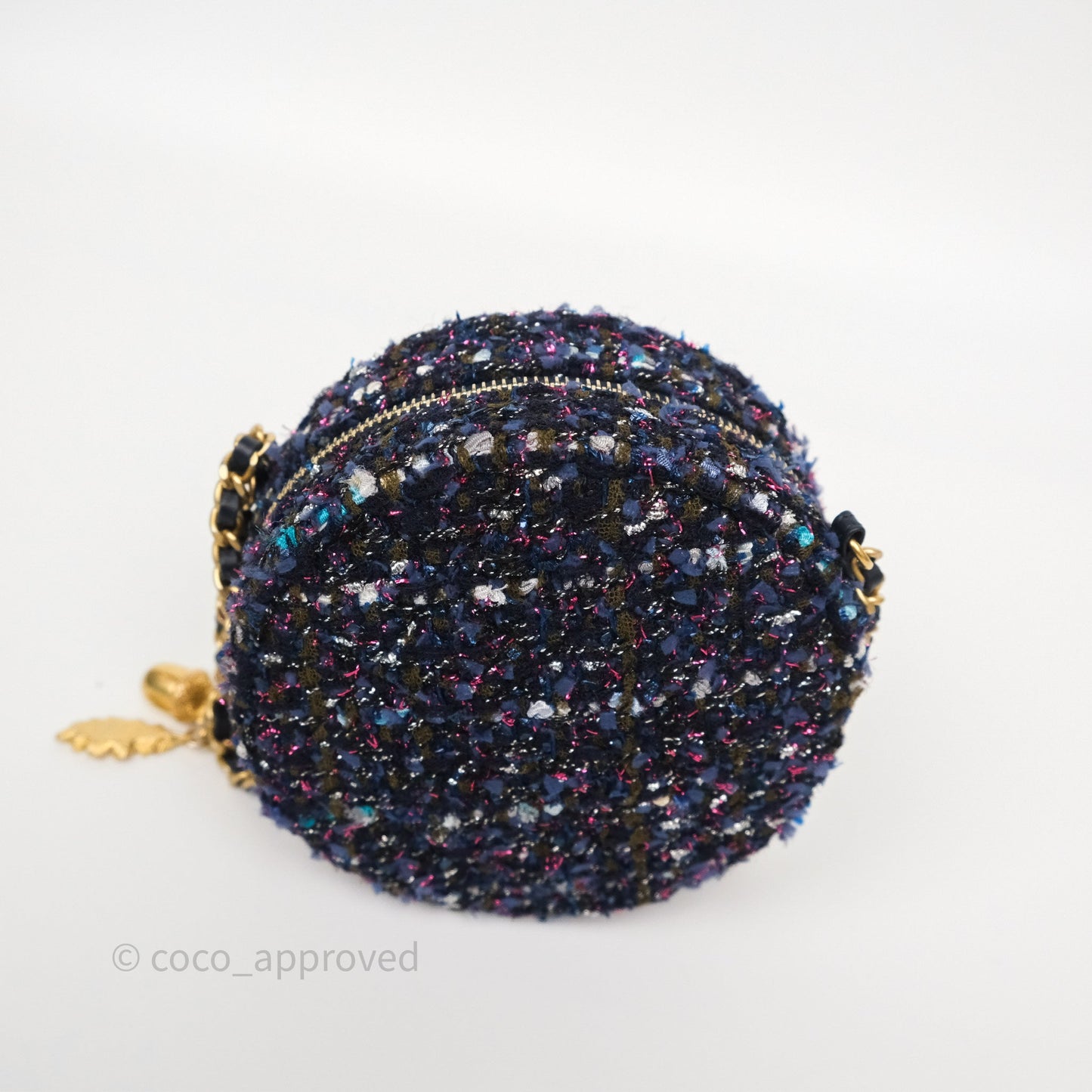 Chanel Charms Round Clutch With Chain Navy Purple Tweed Aged Gold Hardware