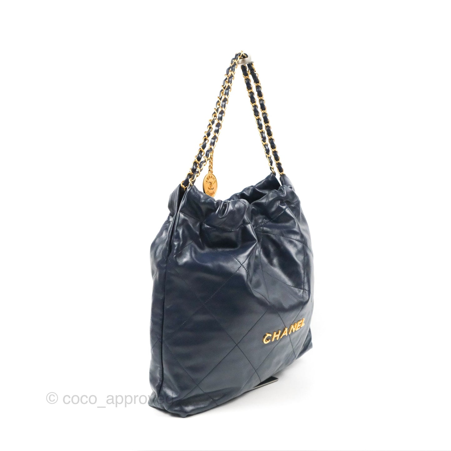 Chanel 22 Medium Navy Shiny Calfskin Aged Gold Hardware
