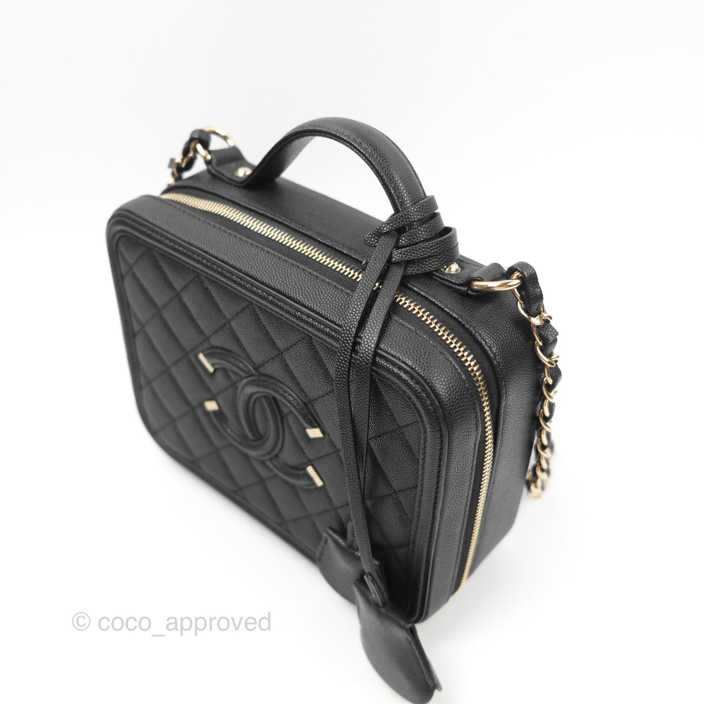 Chanel Quilted Medium CC Filigree Vanity Case Black Caviar Gold Hardware