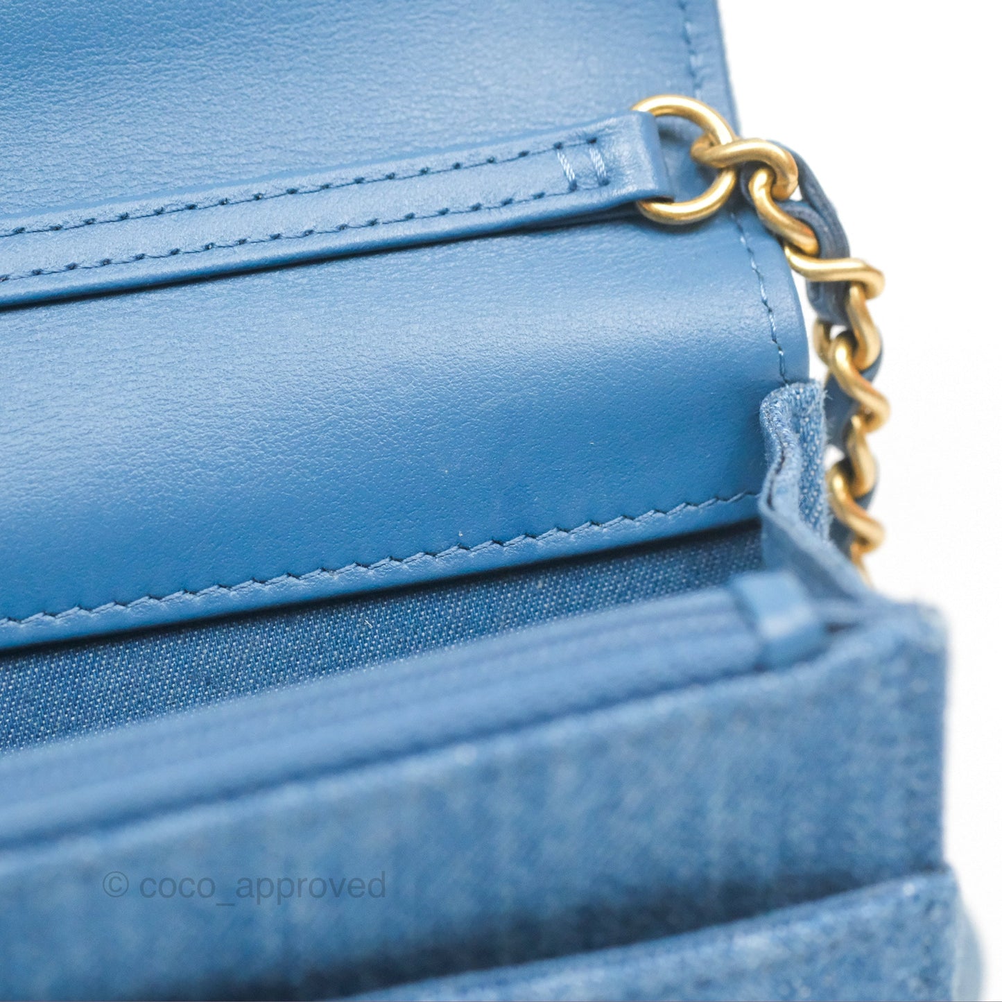 Chanel Quilted Pearl Crush Wallet on Chain WOC Denim Aged Gold Hardware