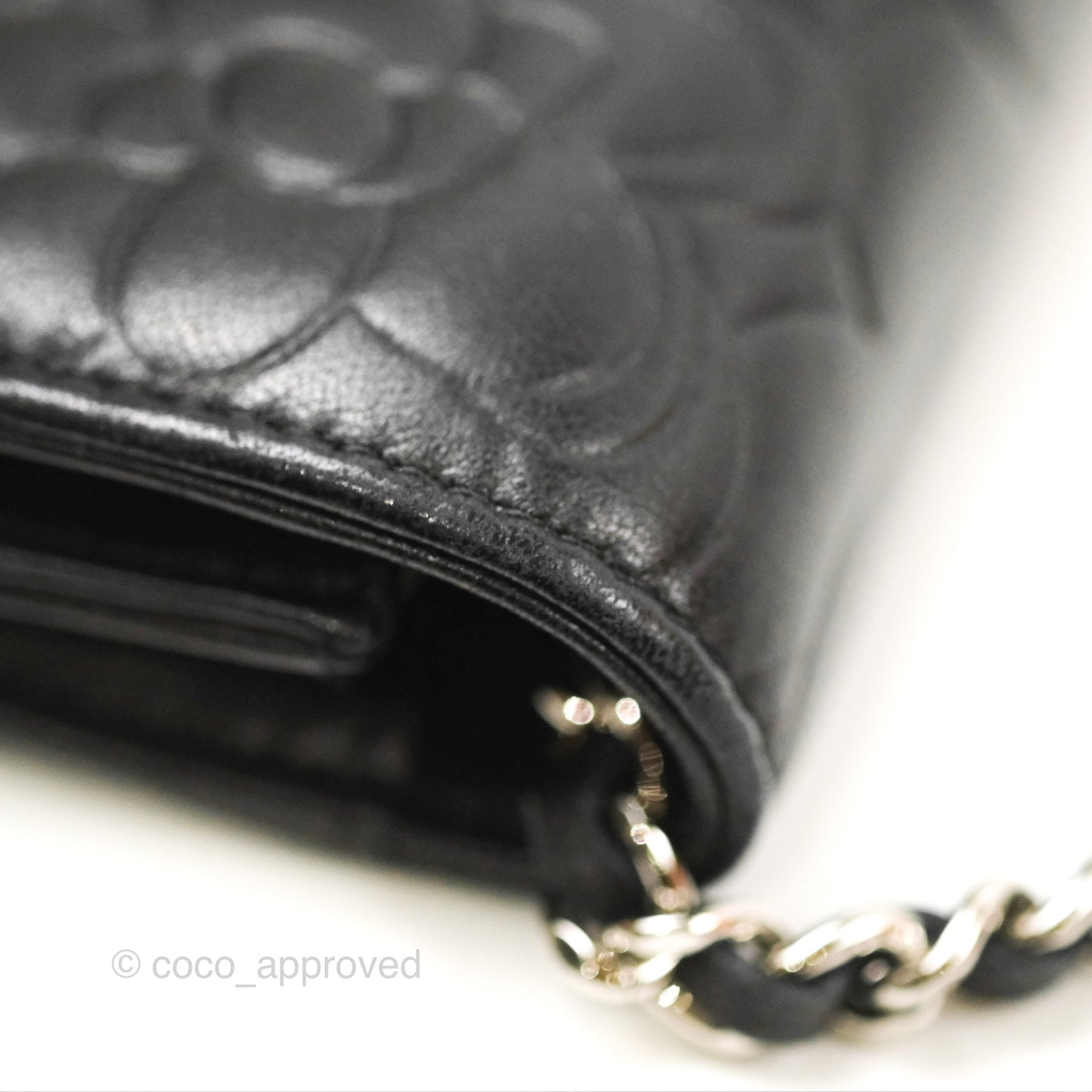 Chanel Camellia Embossed Wallet on Chain WOC Black Lambskin Silver Hardware