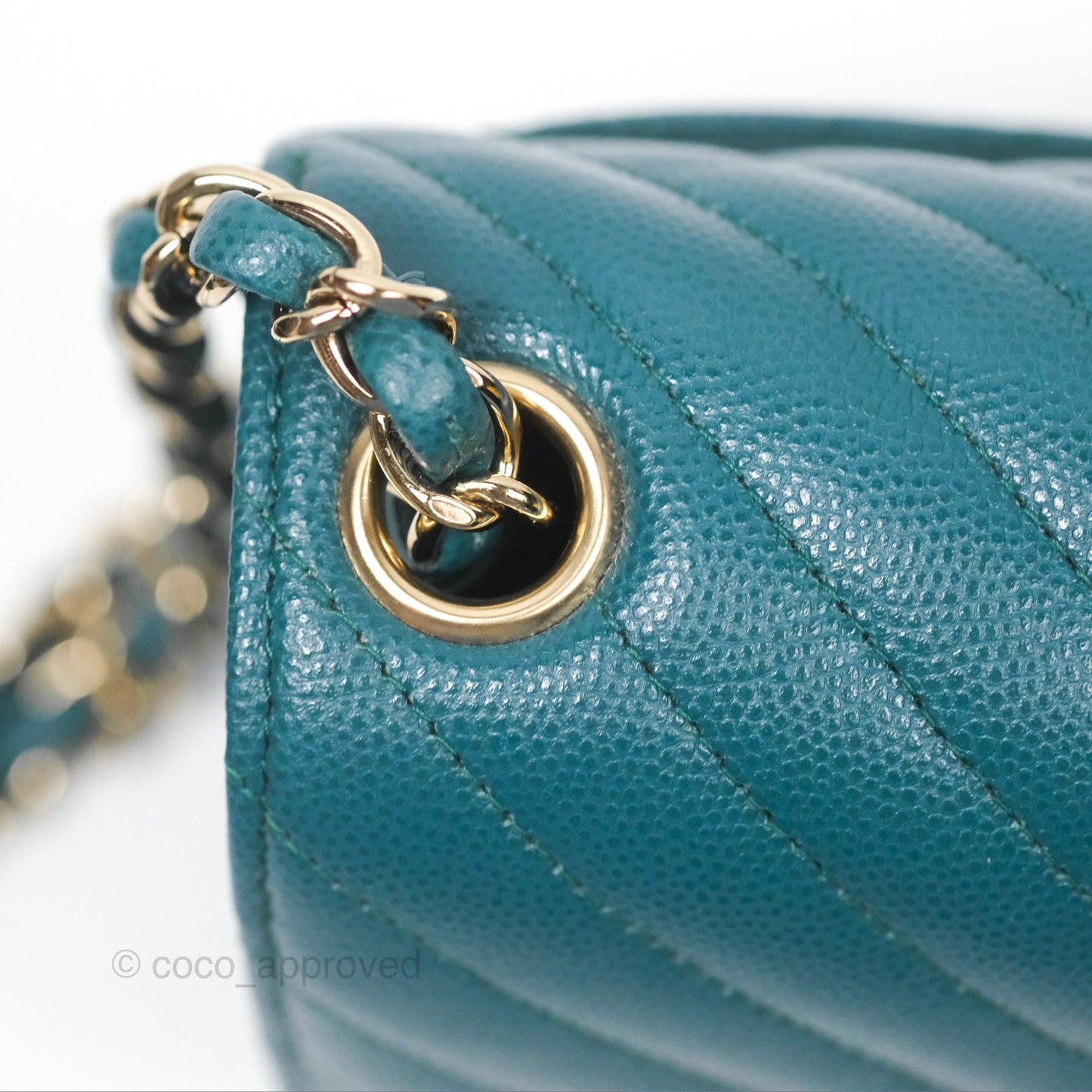 Chanel Mini Square Flap Chevron Teal Caviar Gold Hardware