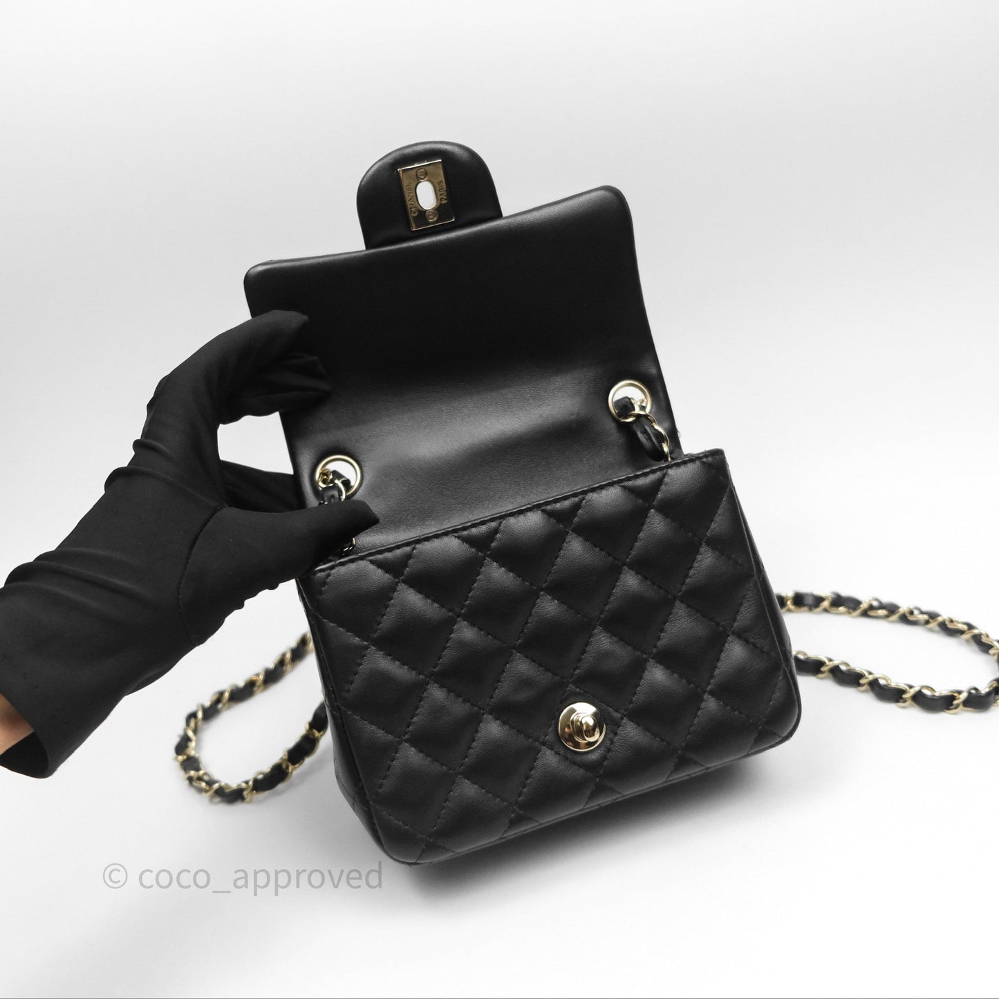 Chanel Mini Square Flap Quilted Black Lambskin Gold Hardware